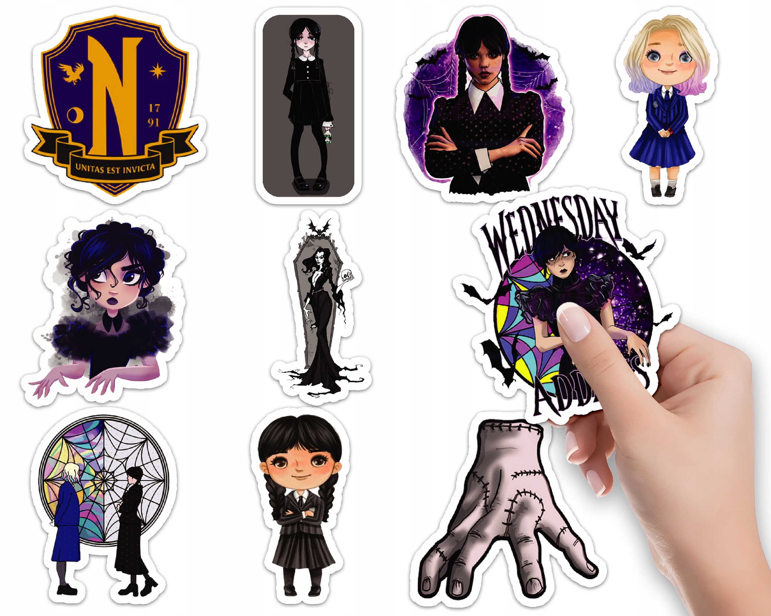 NAKLEJKI NA ZESZYT NALEPKA Z POSTACIAMI SERIAL WEDNESDAY WZORY 10SZT