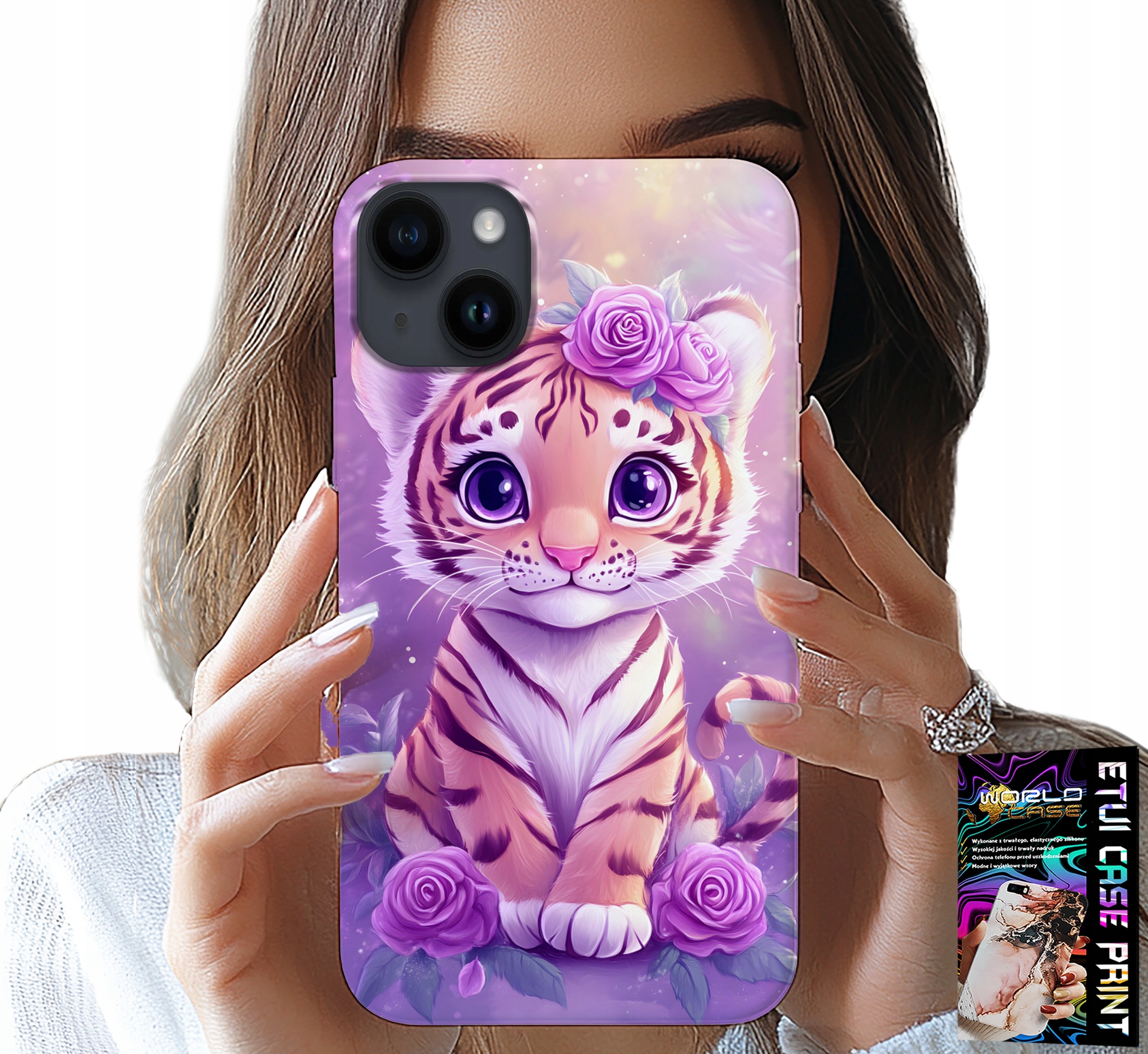 ETUI DO IPHONE 15 PLUS - SŁODKI TYGRYSEK NA RÓŻOWYM TLE + SZKŁO