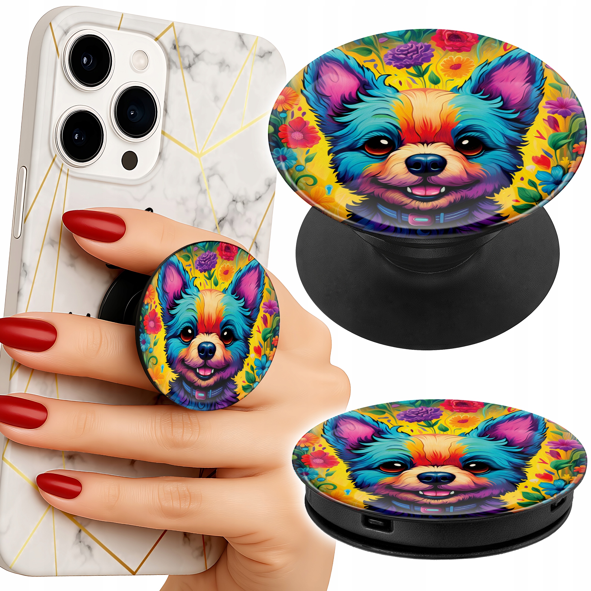 Uchwyt do telefonu Popsocket na palce/stojak KWIACISTE WZORY PIES JORK