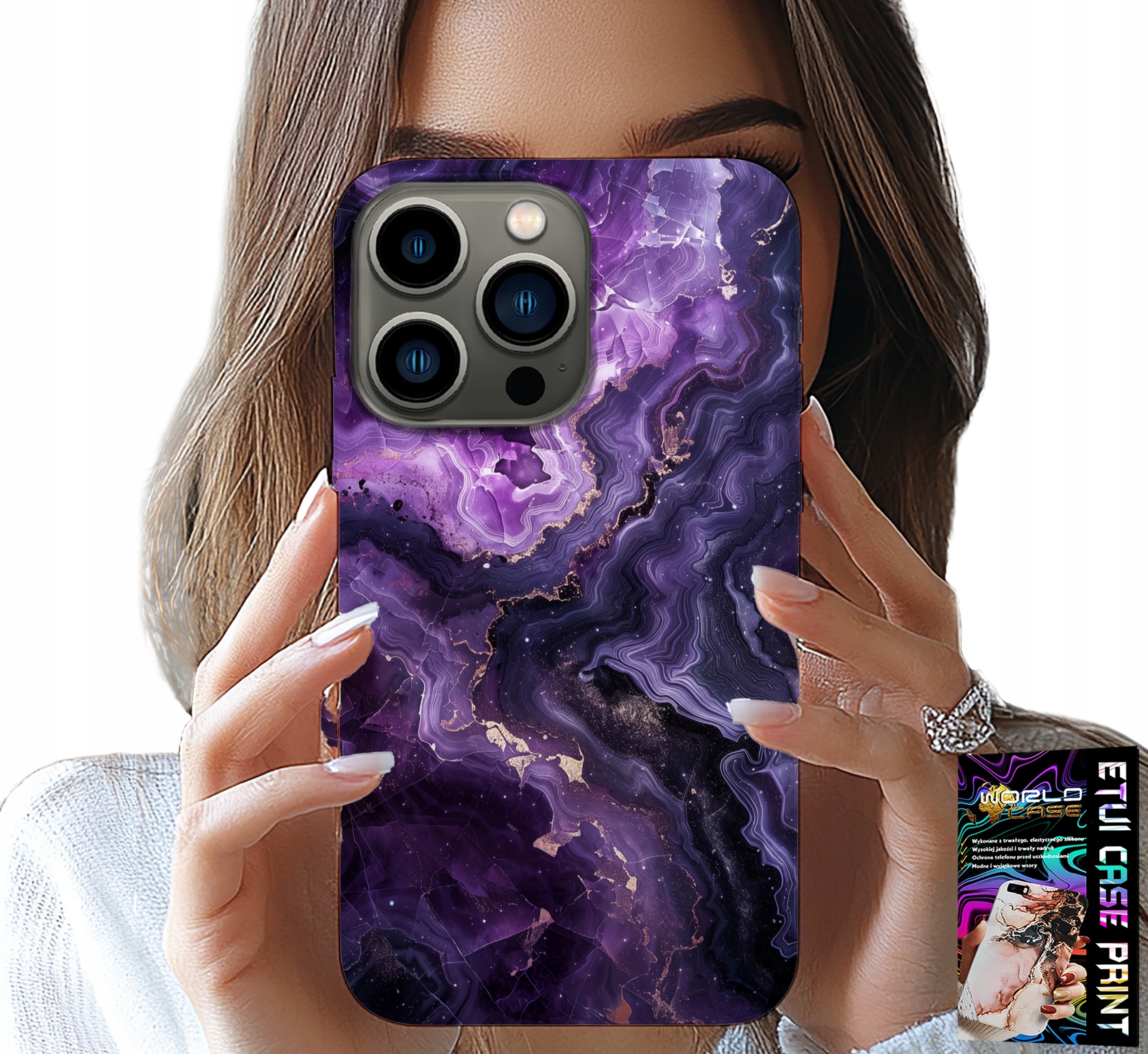 ETUI DO IPHONE 15 PRO MAX - FIOLETOWY MARMUREK MODNE KOBIECE + SZKŁO