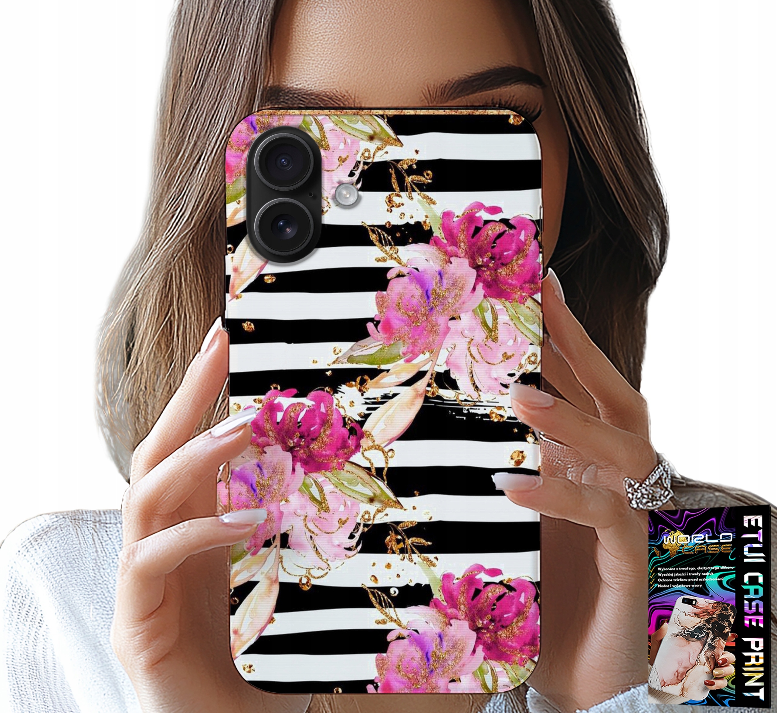 ETUI DO IPHONE 16 PLUS - KWIATKI W CZARNO - BIAŁE PASKI WZORY