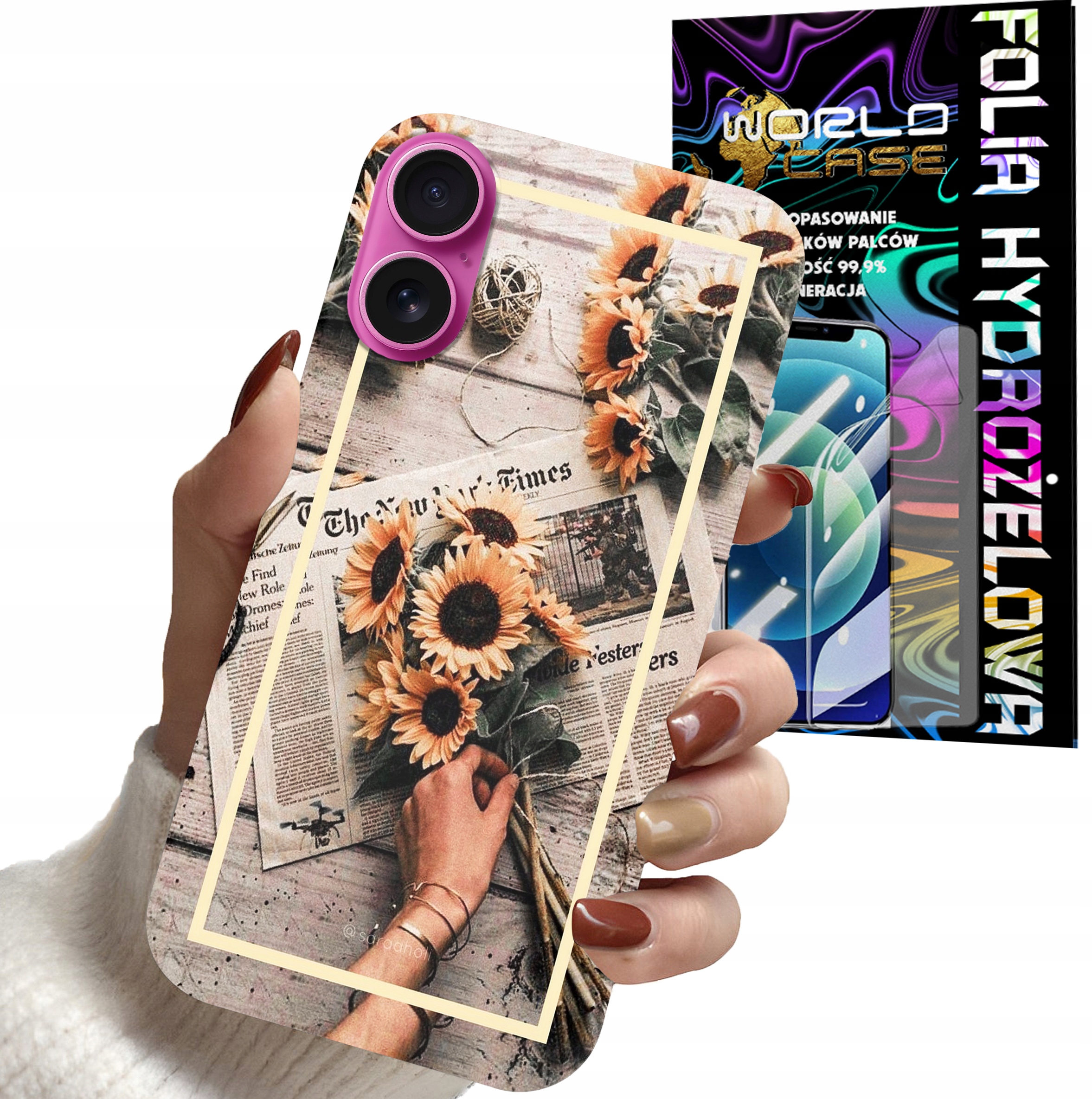 ETUI CASE DO IPHONE 16 PLUS - SŁONECZNIK KWIATY DLA KOBIET PLECKI + FOLIA