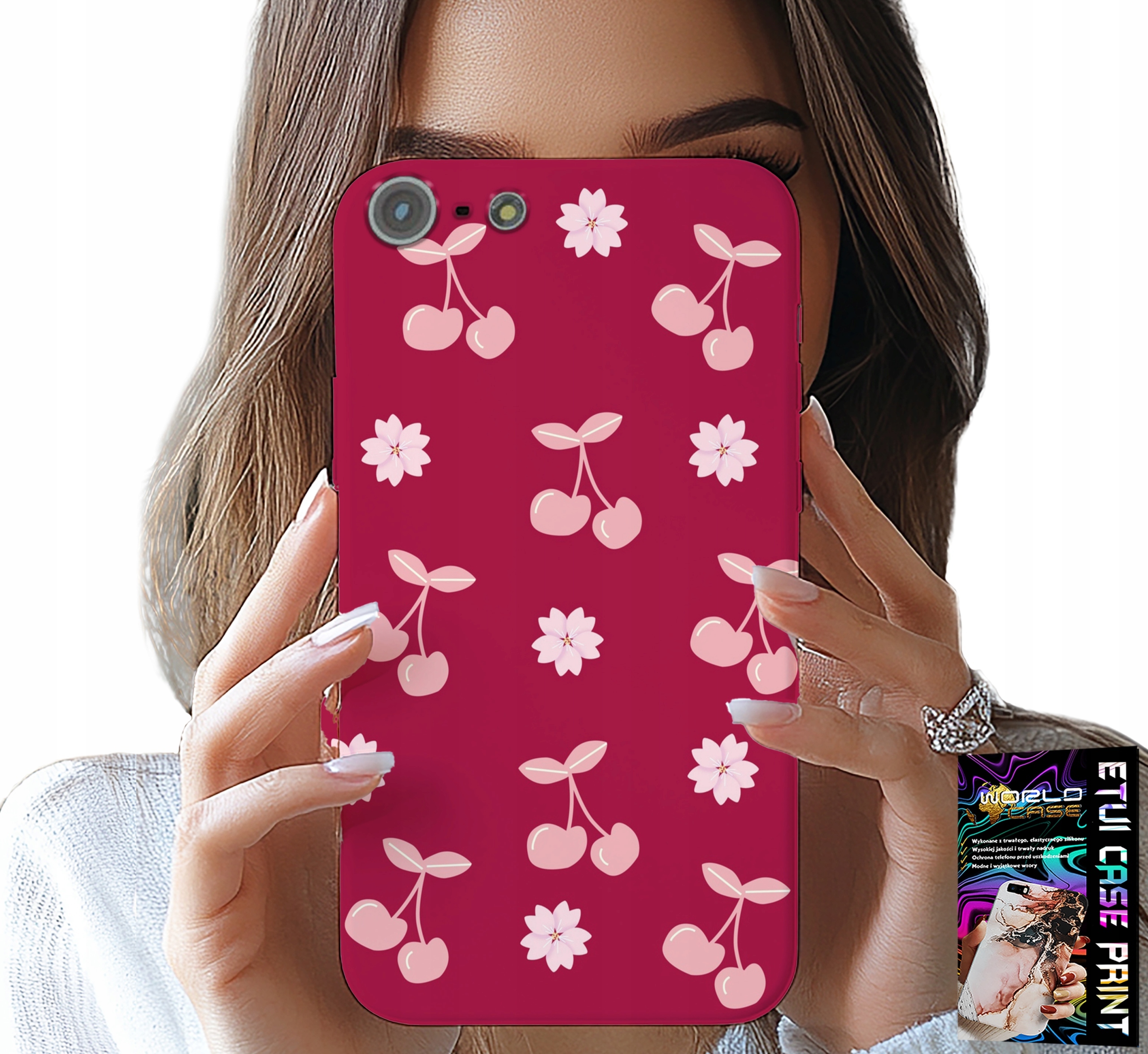 ETUI DO IPHONE 5 / 5S / 5C - WISIENKI, WIŚNIE NA BORDOWYM TLE + FOLIA