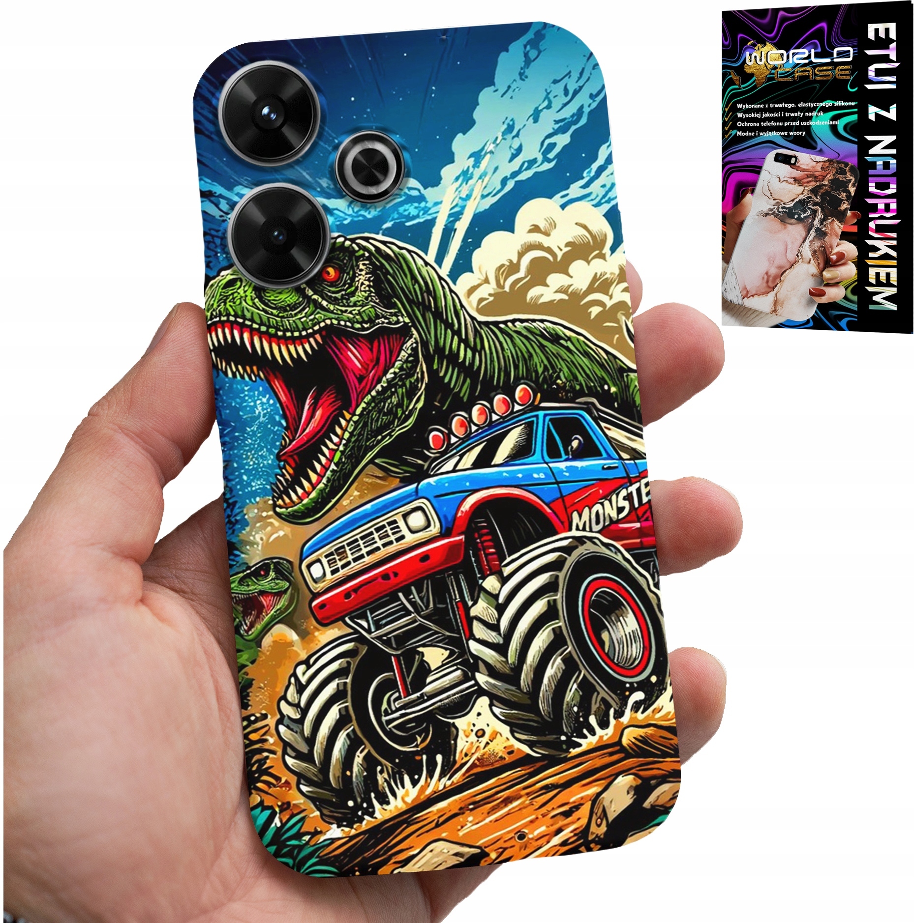 ETUI DO XIAOMI REDMI 13 4G -DINOZAUR W MONSTERTRUCKU WZORY DLA DZIECI