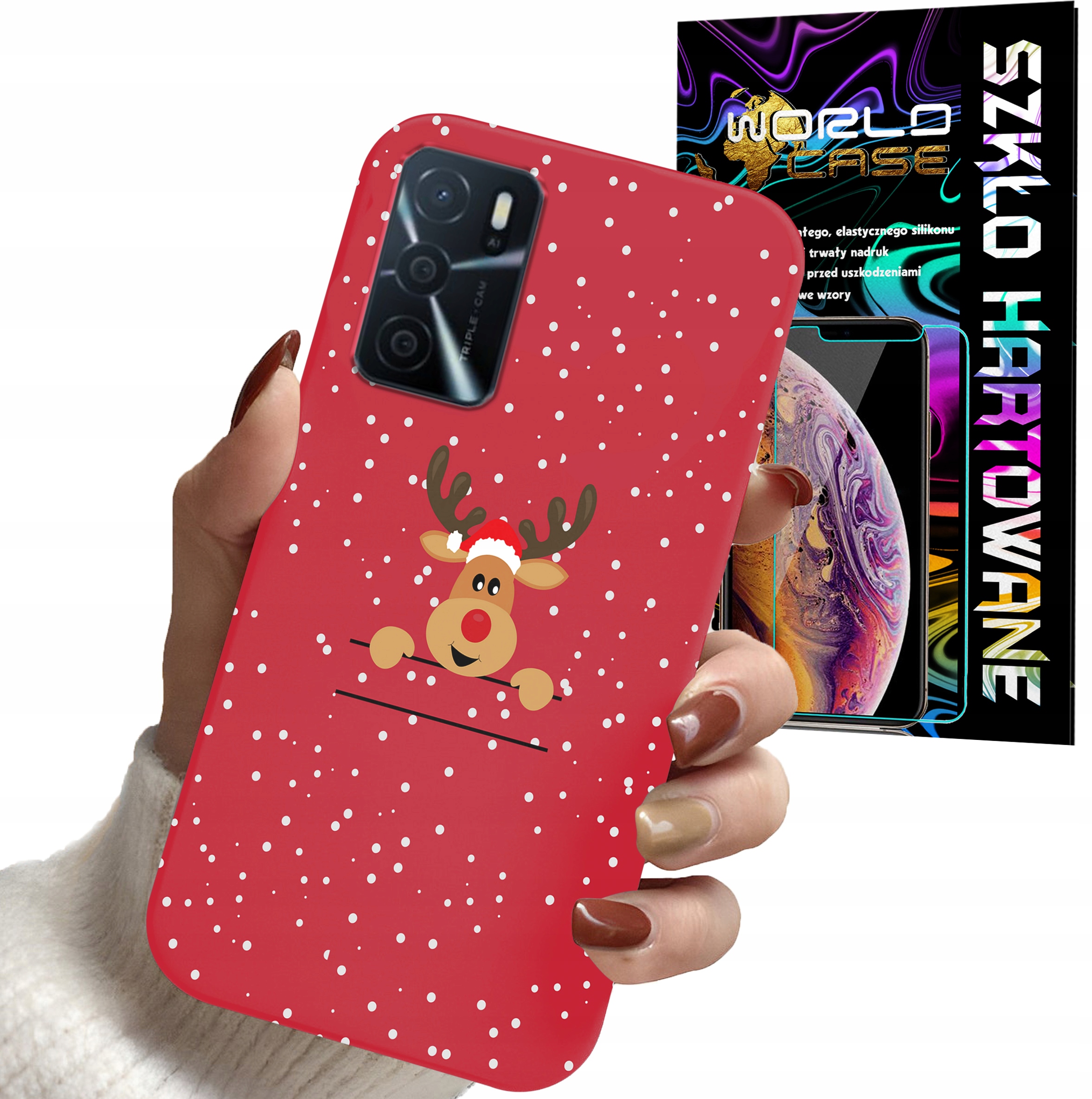 ETUI DO OPPO A16 A16s A54s - ŚWIĄTECZNE WZORY RENIFER PLECKI + SZKŁO