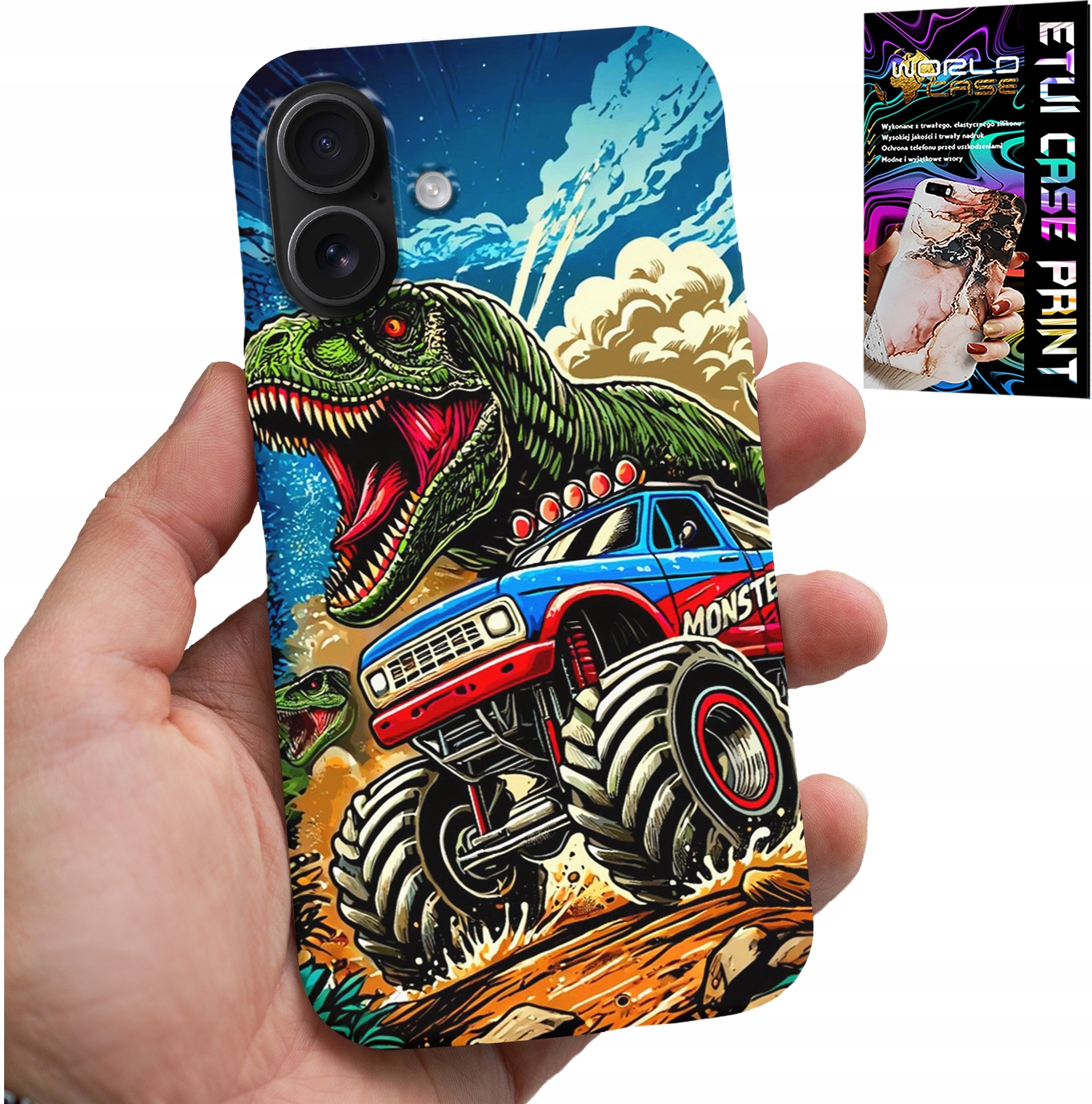 ETUI DO IPHONE 16 -DINOZAUR W MONSTERTRUCKU WZORY DLA DZIECI