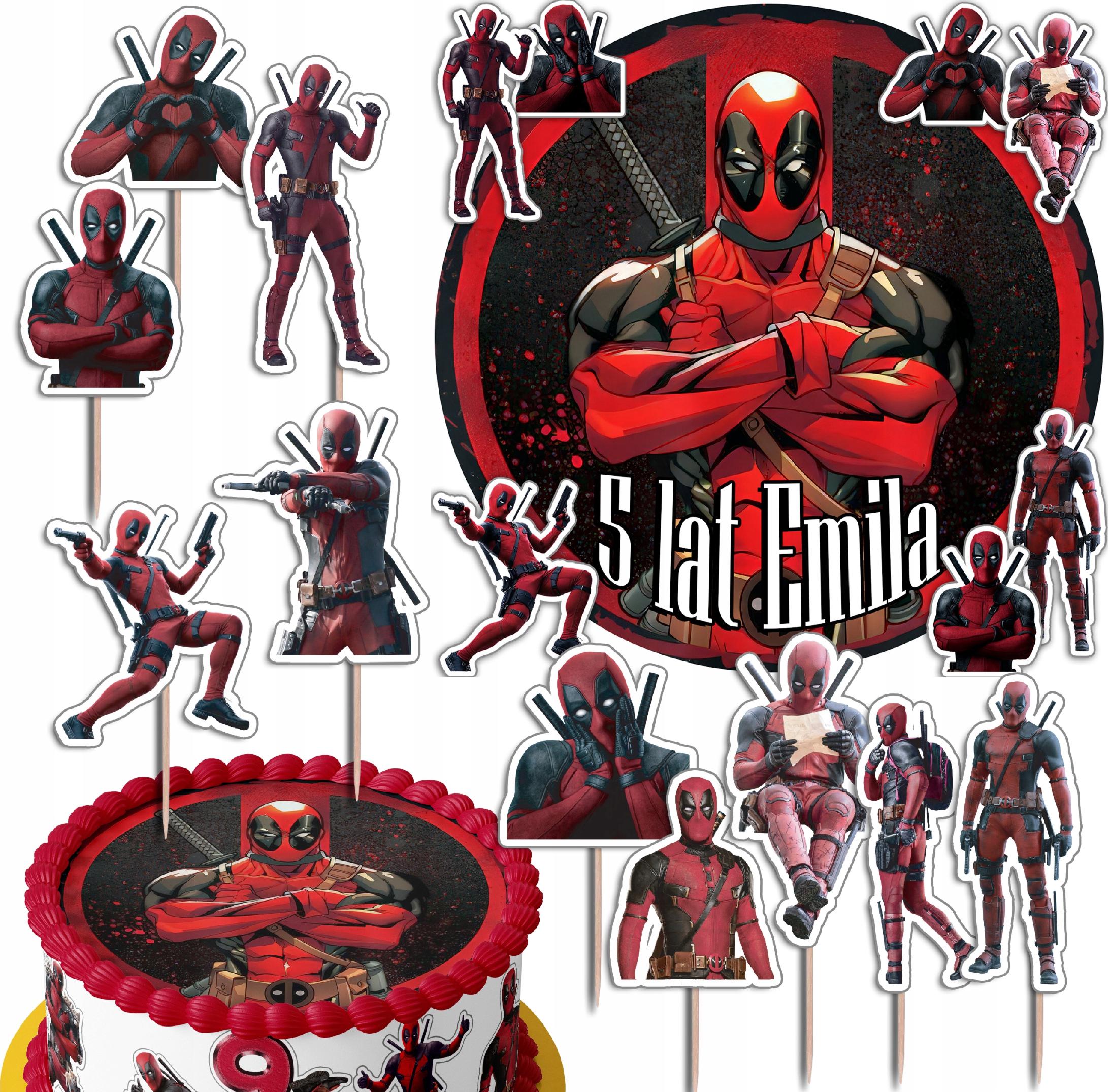 ZESTAW OPŁATEK NA TORT 20CM + TOPPERY - DEAD POOL + IMIĘ 15CM 18CM