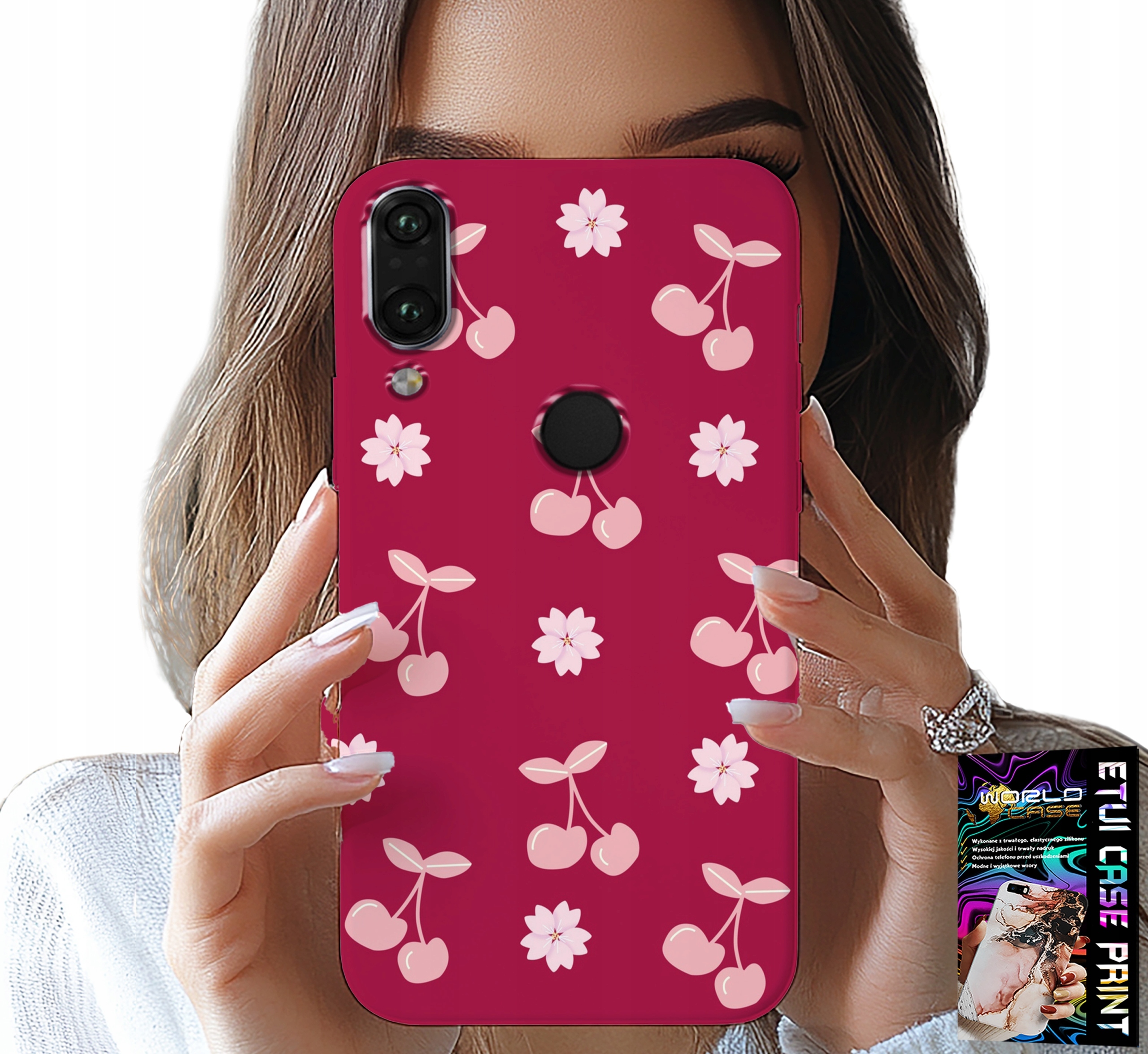 ETUI DO HUAWEI P SMART 2019 - WISIENKI, WIŚNIE NA BORDOWYM TLE + FOLIA