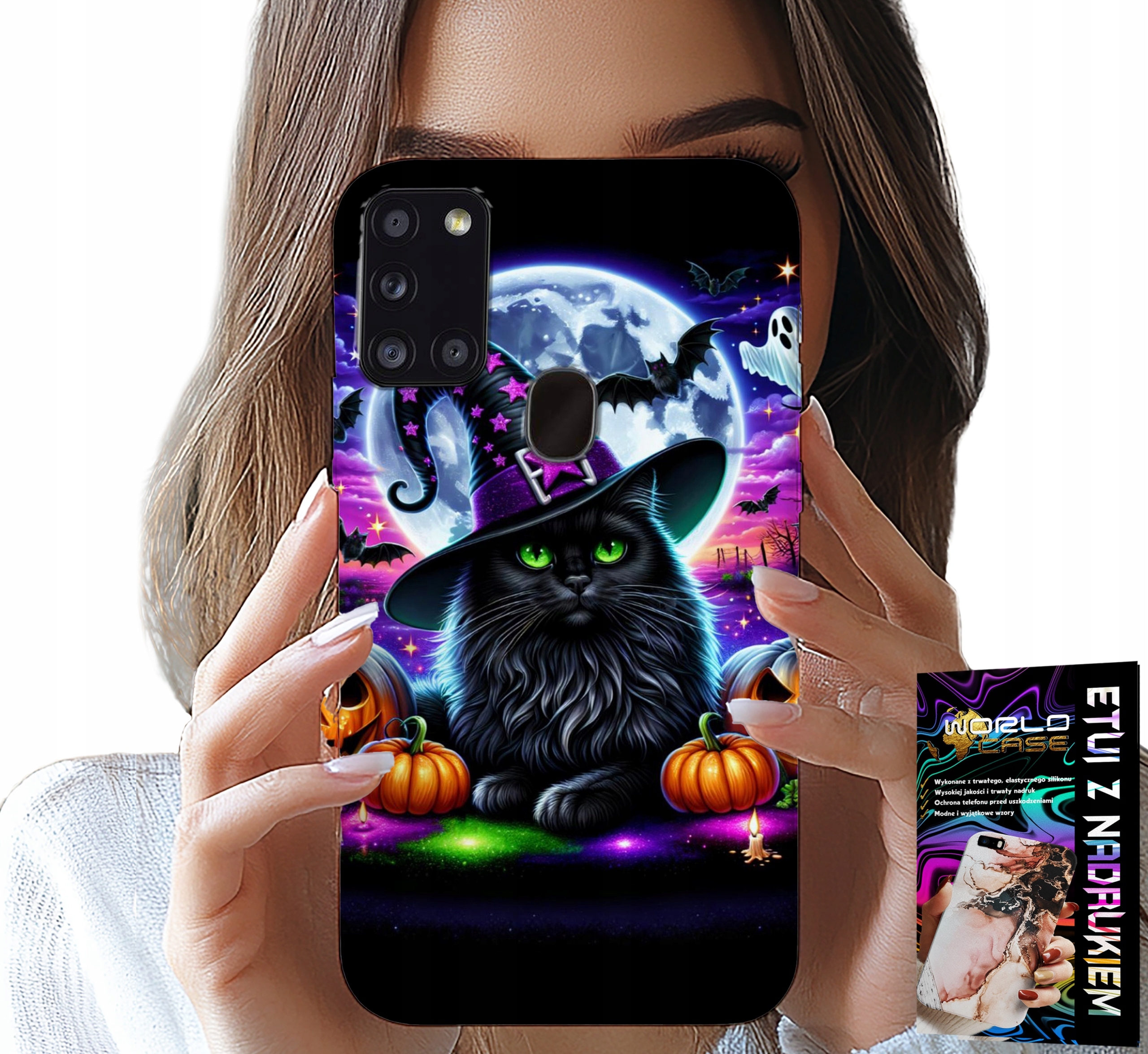 ETUI DO SAMSUNG GALAXY A21s - CZARNY KOTEK HALLOWEEN SALEM DYNIA WZORY