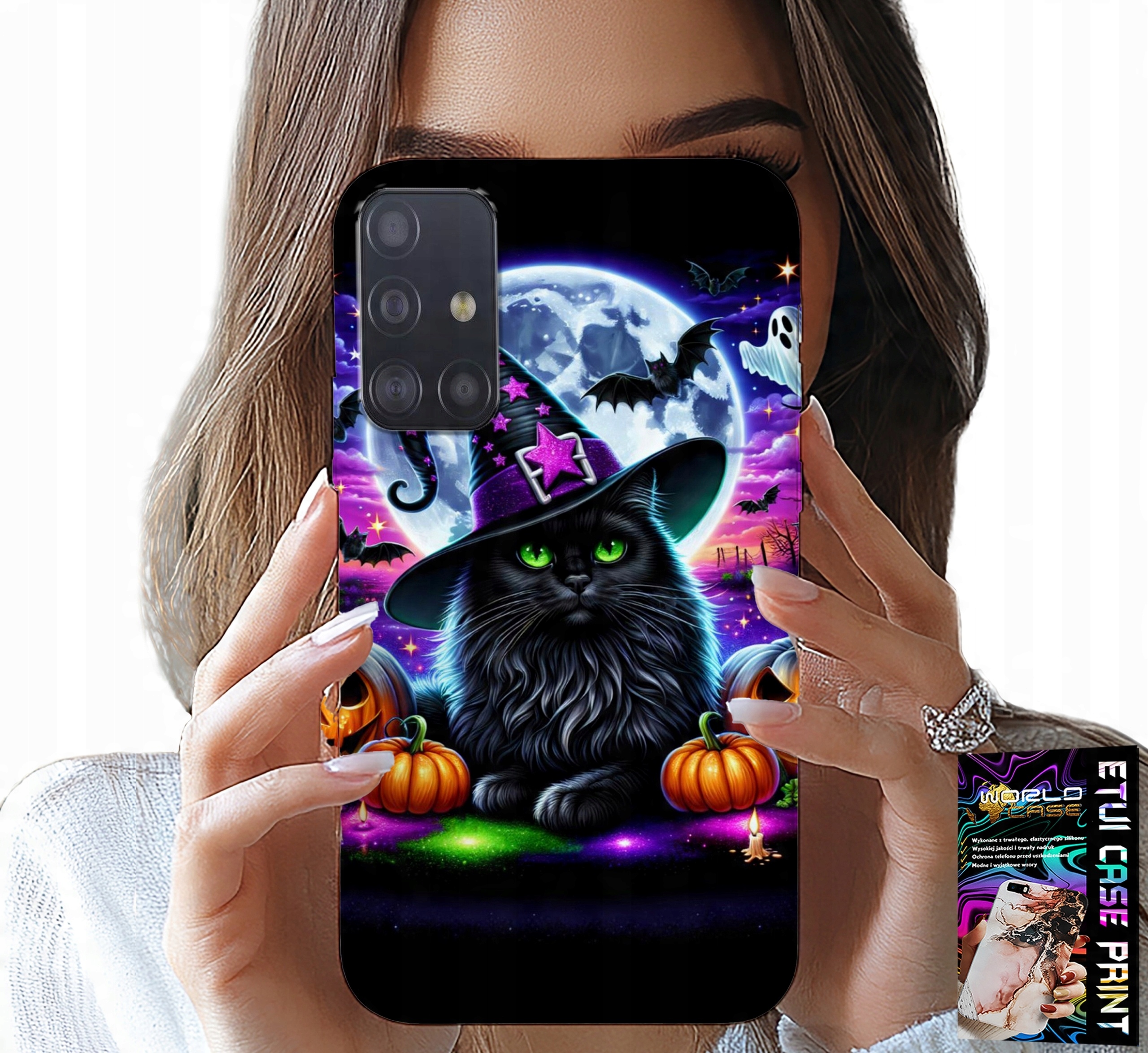 ETUI DO SAMSUNG GALAXY A71 - CZARNY KOTEK HALLOWEEN SALEM DYNIA WZORY