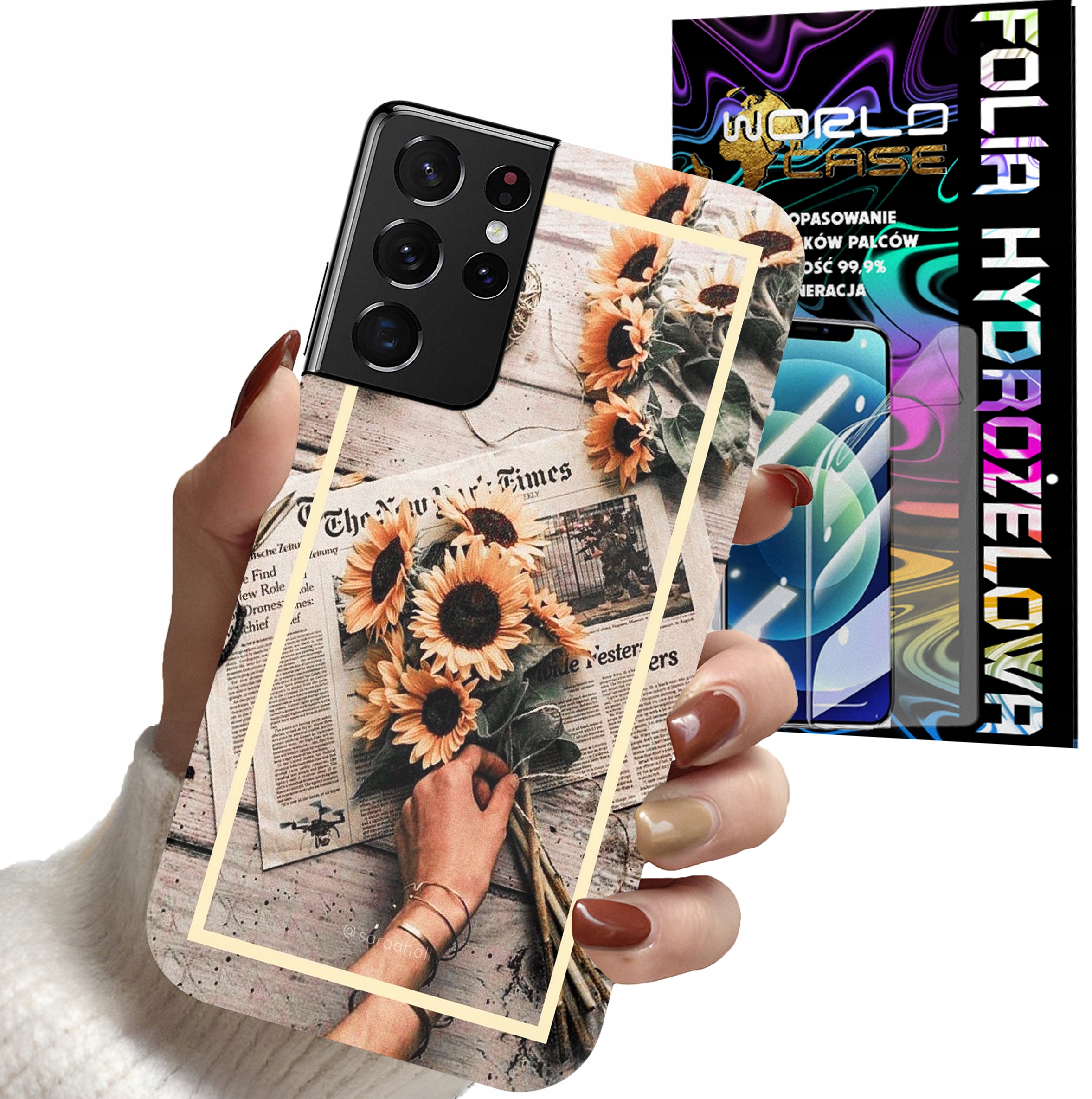 ETUI CASE DO SAMSUNG S21 ULTRA - SŁONECZNIK KWIATY DLA KOBIET PLECK + FOLIA