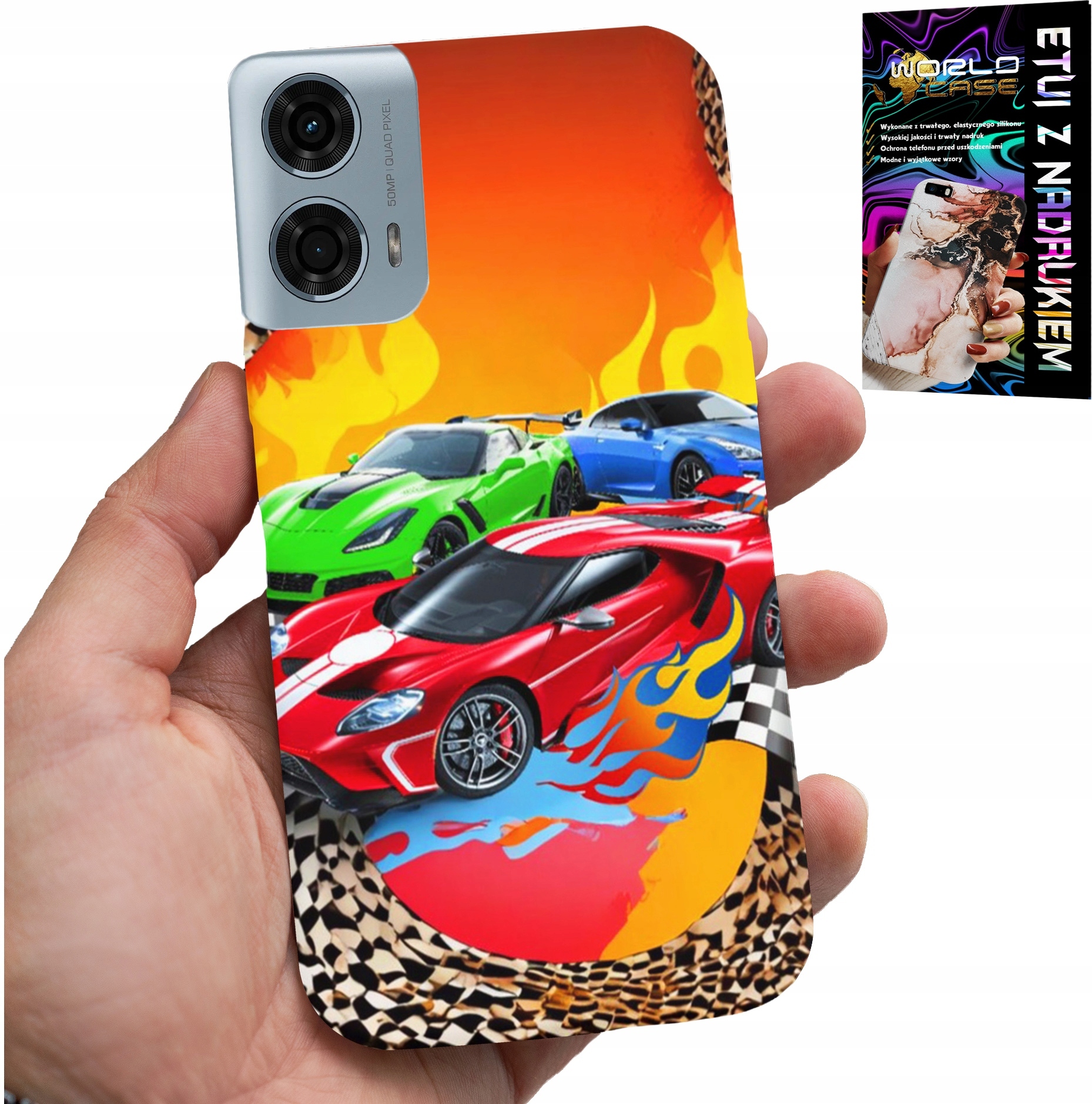 ETUI DO MOTOROLA G24 / G04 - DLA DZIECI, SAMOCHODY WYŚCIGOWE + FOLIA