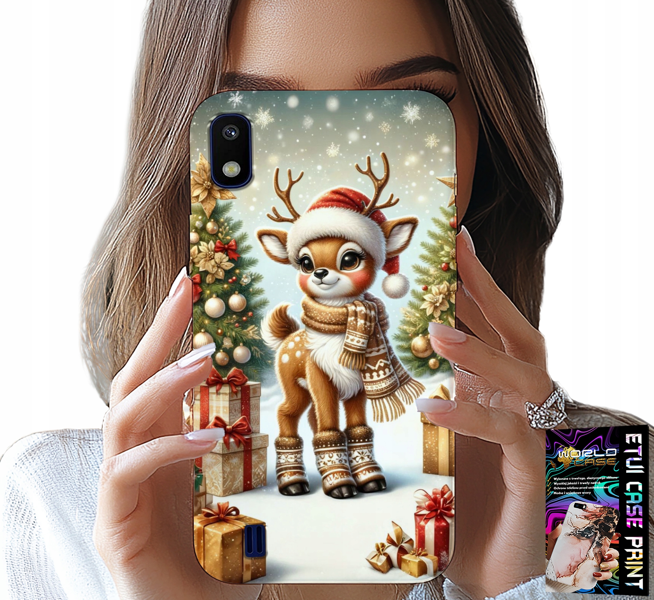 ETUI DO SAMSUNG A10 - RENIFER, WZORY BOŻONARODZENIOWE + SZKŁO