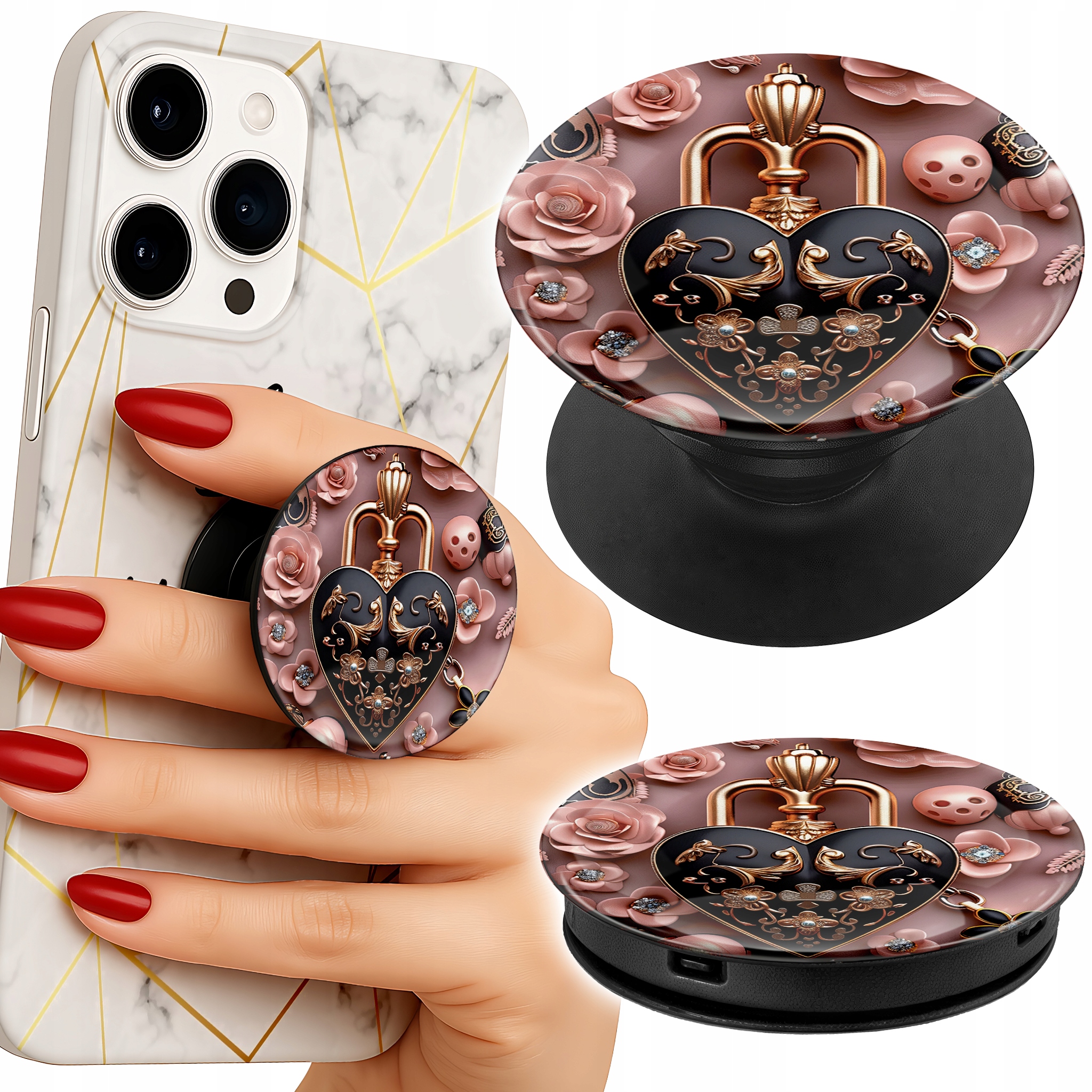Uchwyt do telefonu Popsocket na palce/stojak KOBIECE WZORY KŁÓDKA SERCE