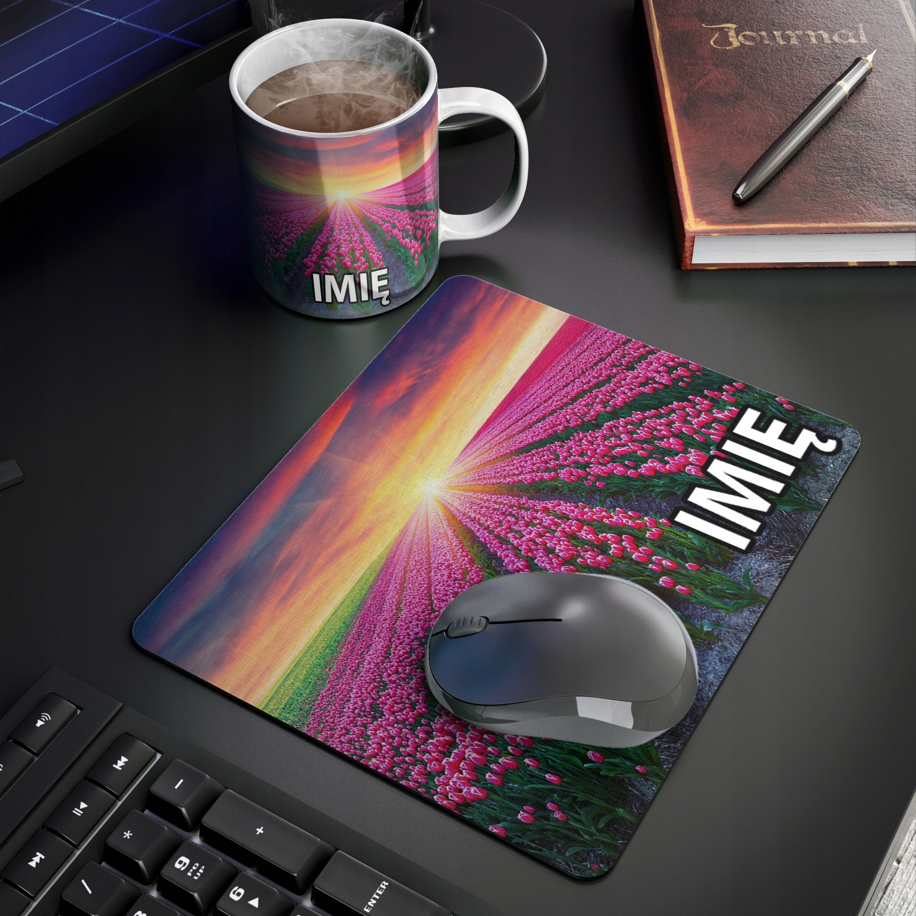 ZESTAW KUBEK + PODKŁADKA - KWIATY BUKIET RÓŻA - PREZENT WIELE WZORÓW + IMIĘ