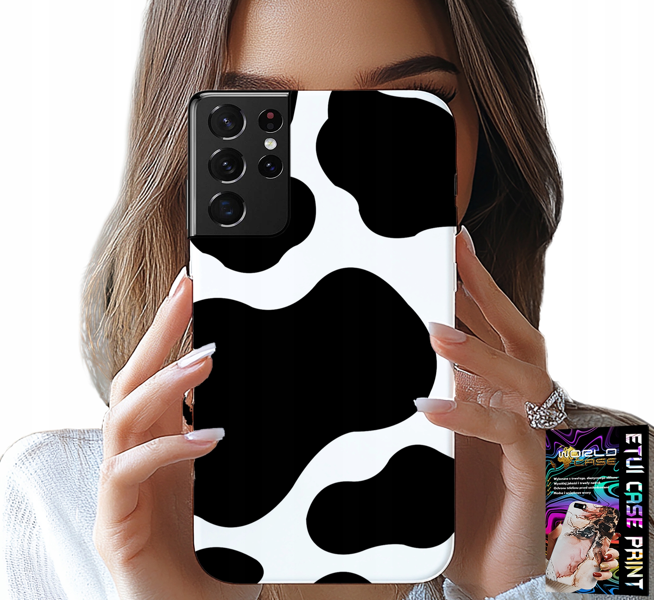 ETUI DO SAMSUNG GALAXY S21 Ultra - CZARNO - BIAŁE ŁATY KROWA, MODNE WZORY