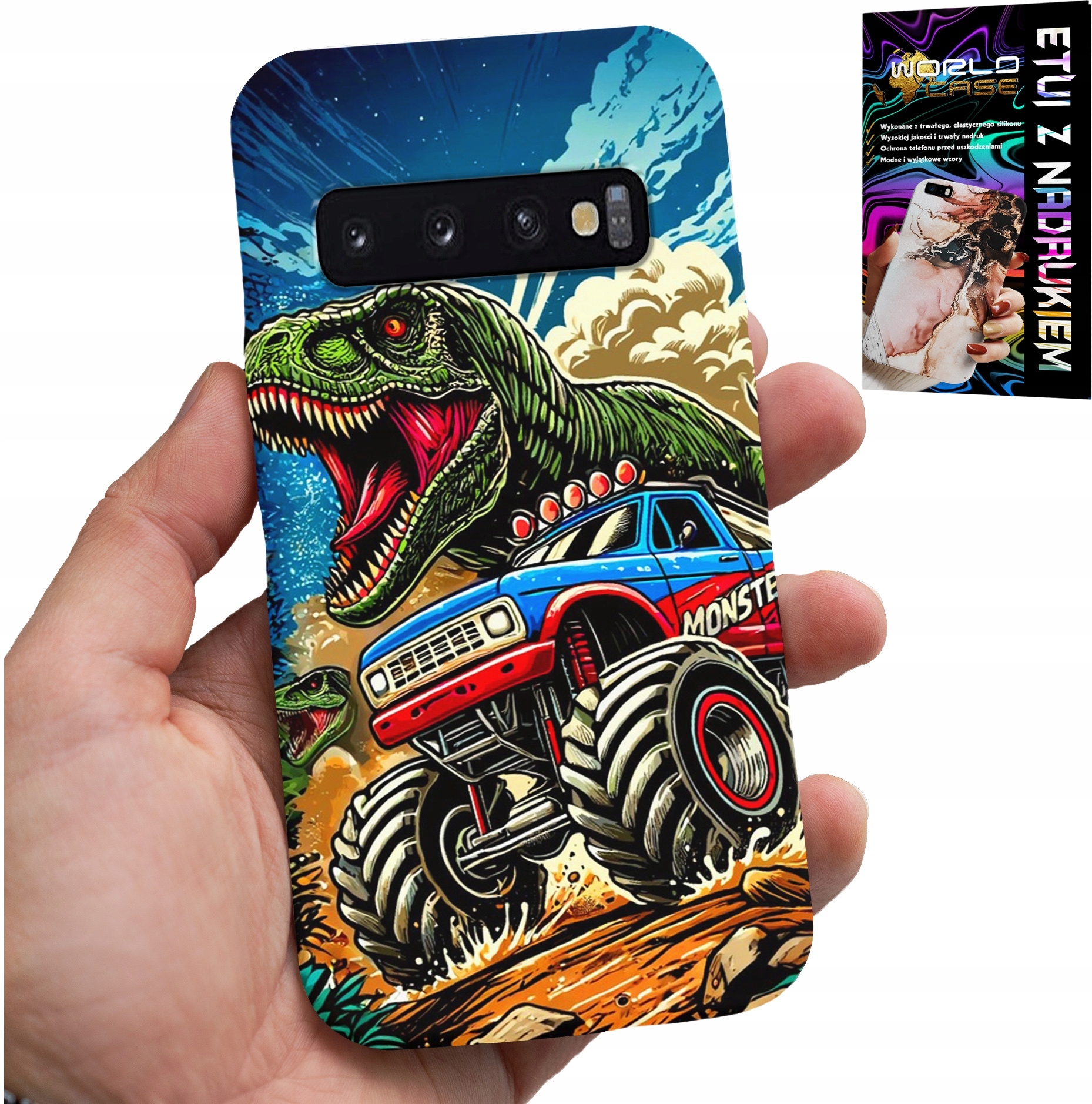 ETUI DO SAMSUNG GALAXY S10 -DINOZAUR W MONSTERTRUCKU WZORY DLA DZIECI