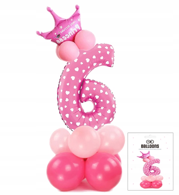 ZESTAW BALONÓW STOJĄCY RÓŻOWY Z CYFRĄ 6 NA PRZYJĘCIE URODZINOWE DEKORACJA