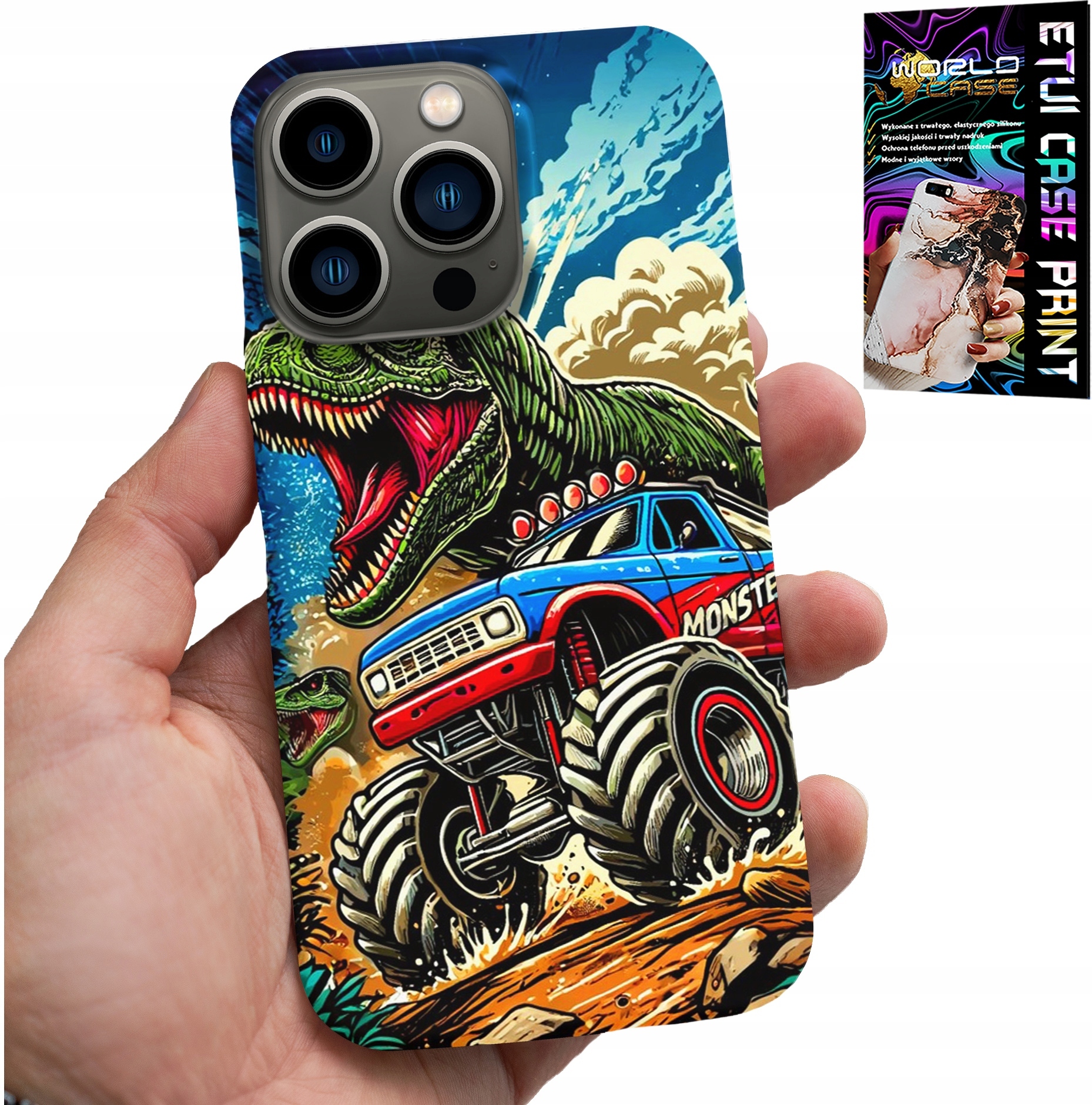ETUI DO IPHONE 15 PRO MAX -DINOZAUR W MONSTERTRUCKU WZORY DLA DZIECI