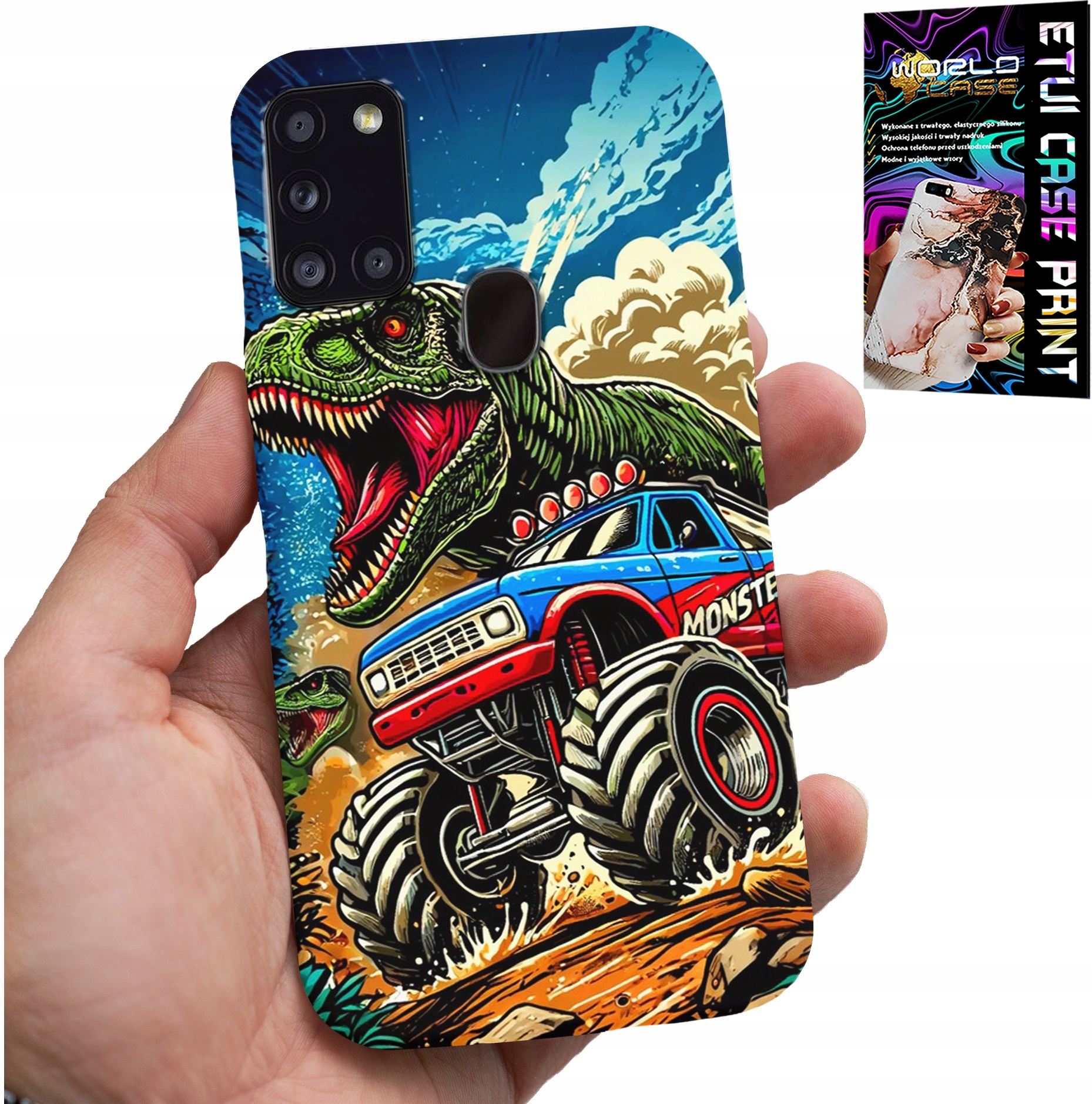 ETUI DO SAMSUNG GALAXY A21s -DINOZAUR W MONSTERTRUCKU WZORY DLA DZIECI