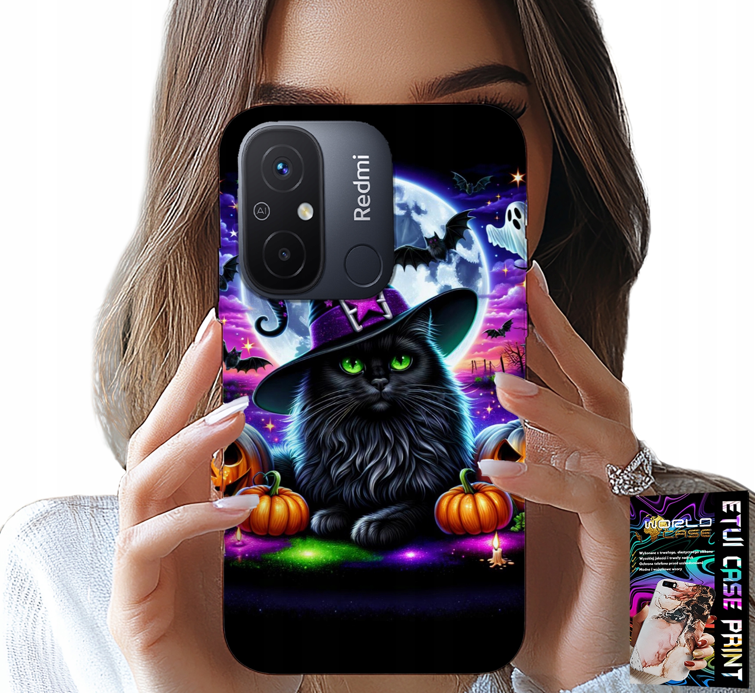 ETUI DO XIAOMI REDMI 12C - CZARNY KOTEK HALLOWEEN SALEM DYNIA WZORY