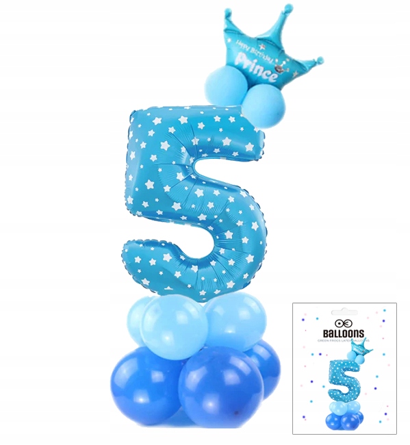 ZESTAW BALONÓW STOJĄCY NIEBIESKI Z CYFRĄ 5 NA PRZYJĘCIE URODZINOWE