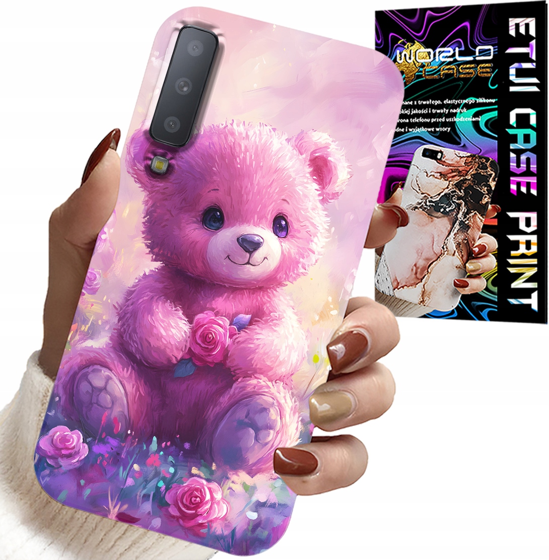 ETUI DO SAMSUNG A7 2018 - SŁODKI MIŚ NA RÓŻOWYM TLE, CASE + SZKŁO