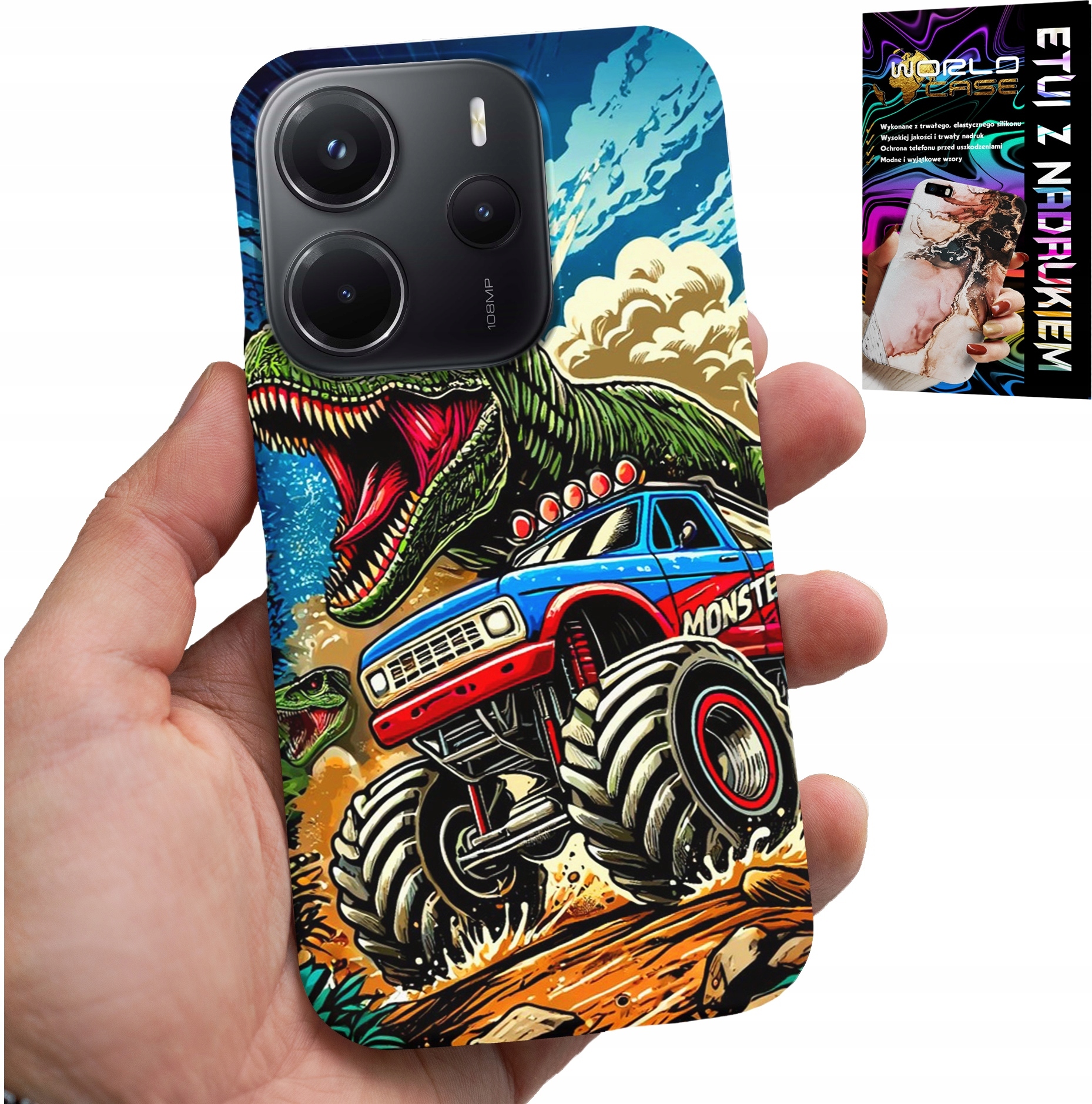 ETUI DO XIAOMI NOTE 14 4G -DINOZAUR W MONSTERTRUCKU WZORY DLA DZIECI