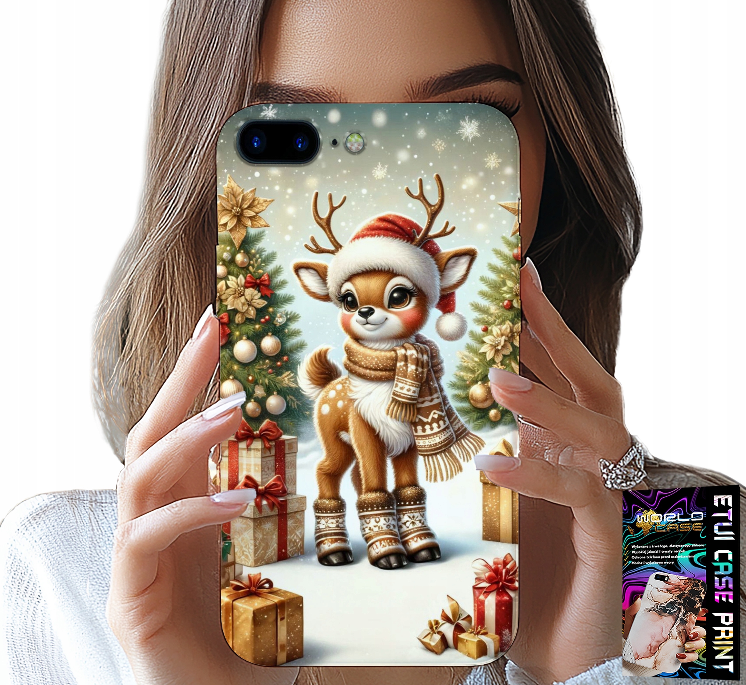 ETUI DO IPHONE ( 7 PLUS ) - RENIFER, WZORY BOŻONARODZENIOWE + SZKŁO