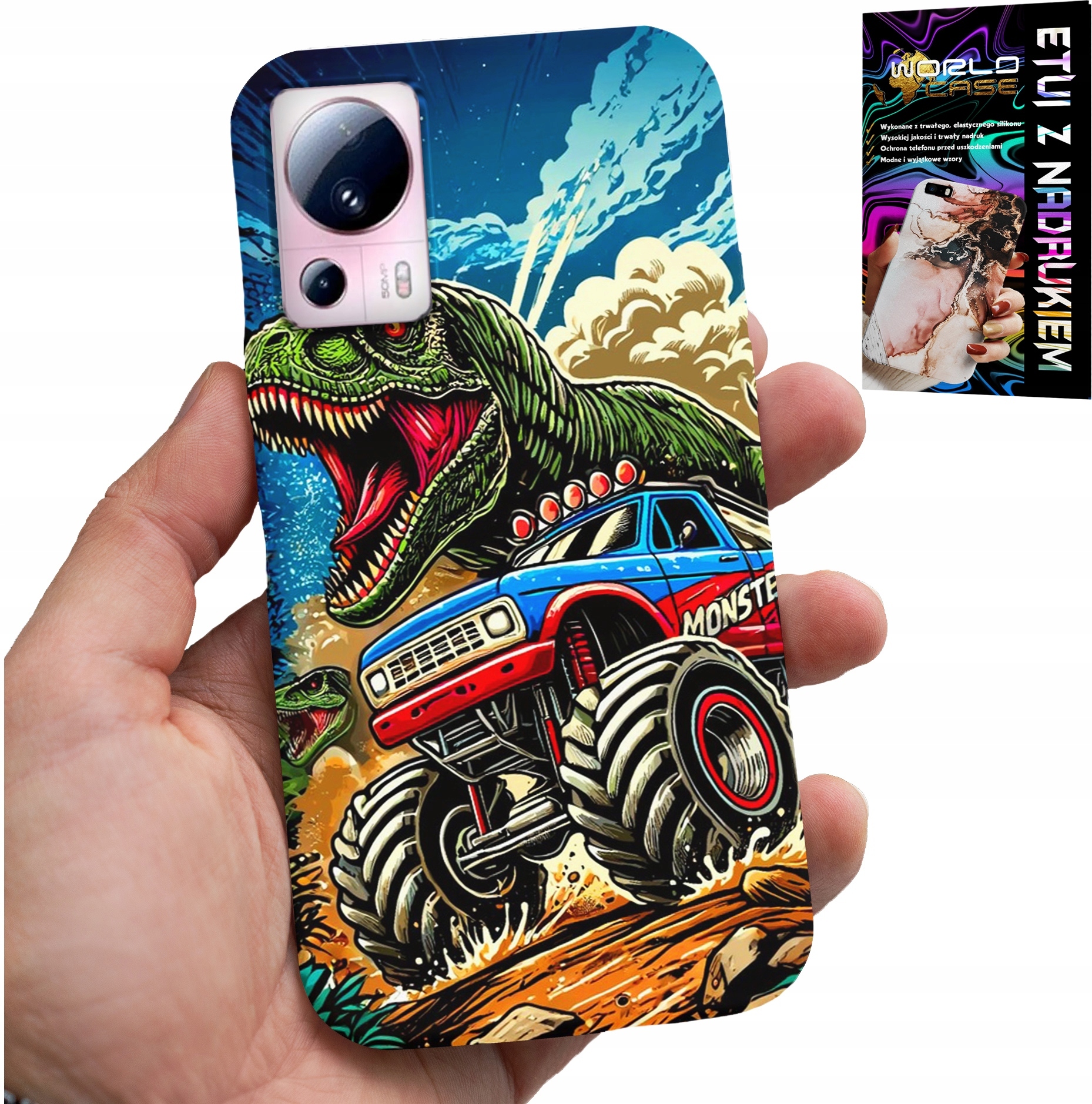 ETUI DO XIAOMI 13 LITE -DINOZAUR W MONSTERTRUCKU WZORY DLA DZIECI