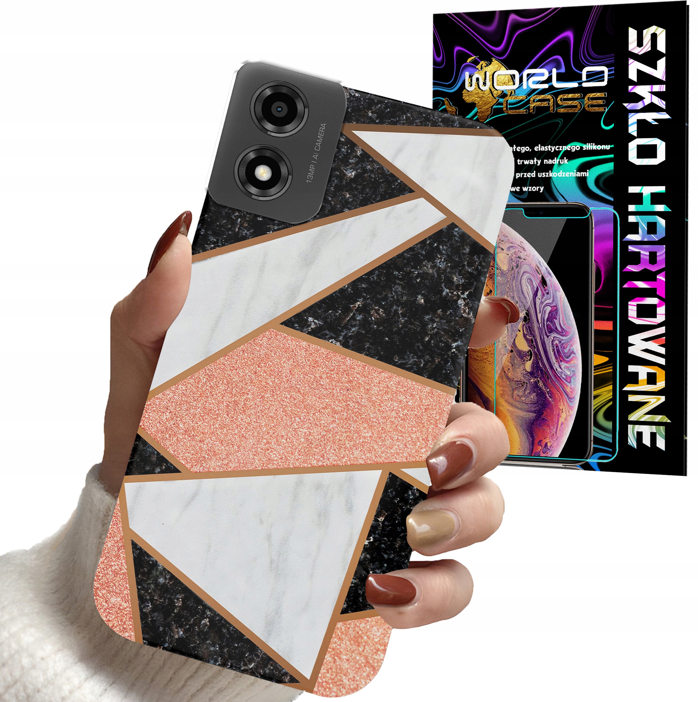 ETUI DO MOTOROLA MOTO E14 - GEOMETRYCZNE WZORY DLA KOBIET PLECKI + SZKŁO