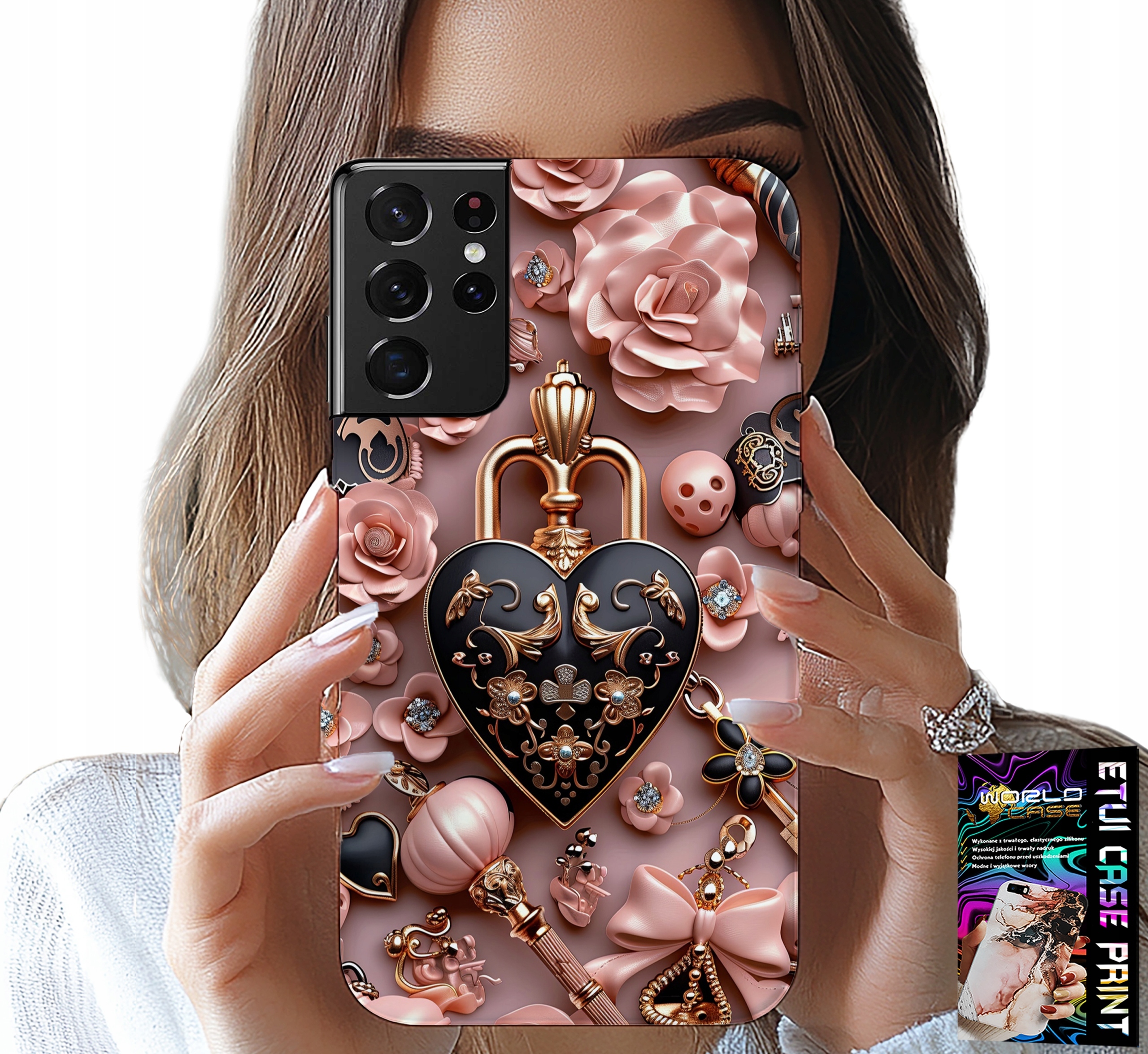 ETUI DO SAMSUNG GALAXY S21 Ultra - KOBIECE WZORY KŁÓDKA SERCE CASE + FOLIA