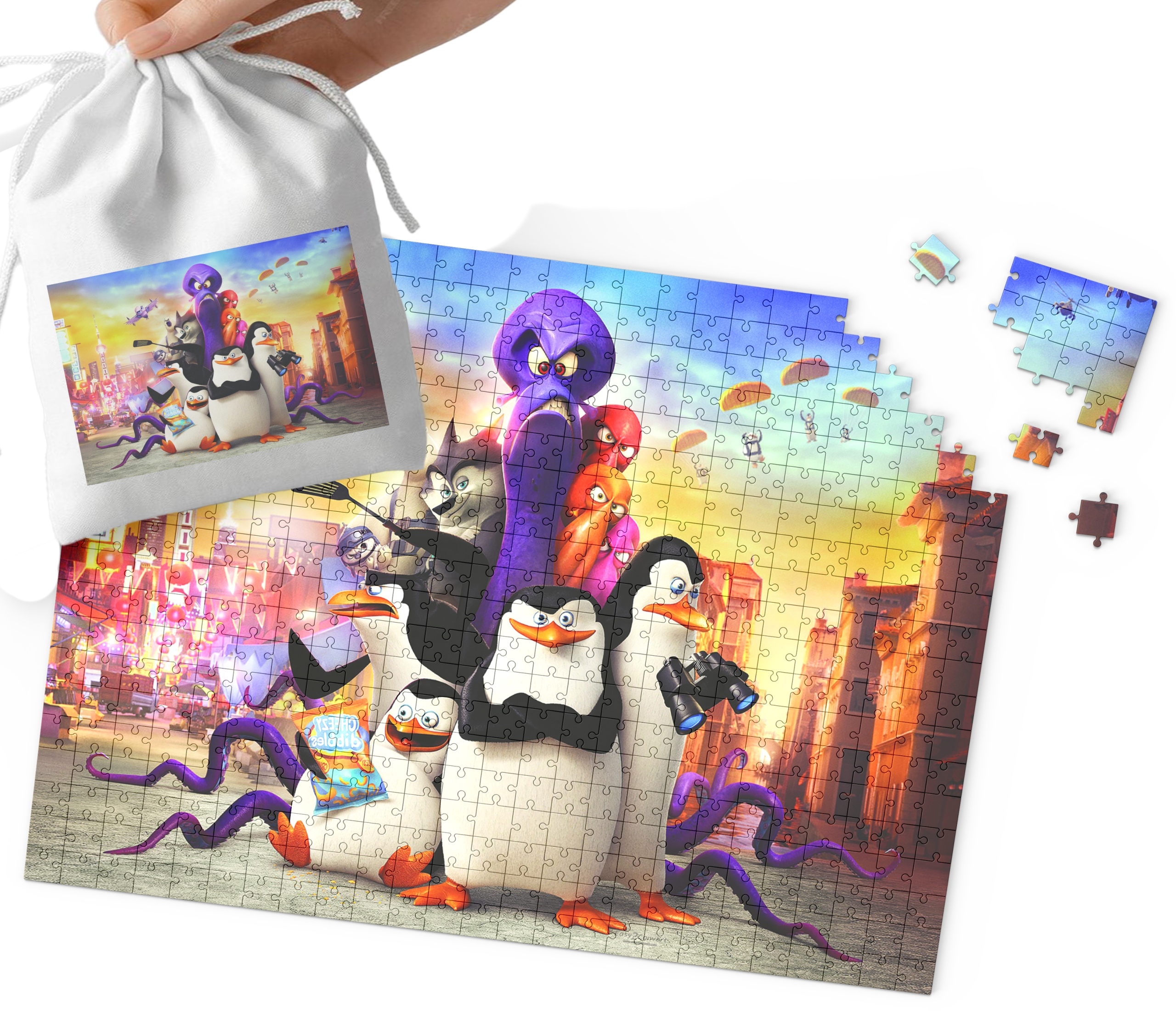 PUZZLE - Pingwiny z Madagaskaru WZORY Z BAJEK PREZENT 120el + WORECZEK