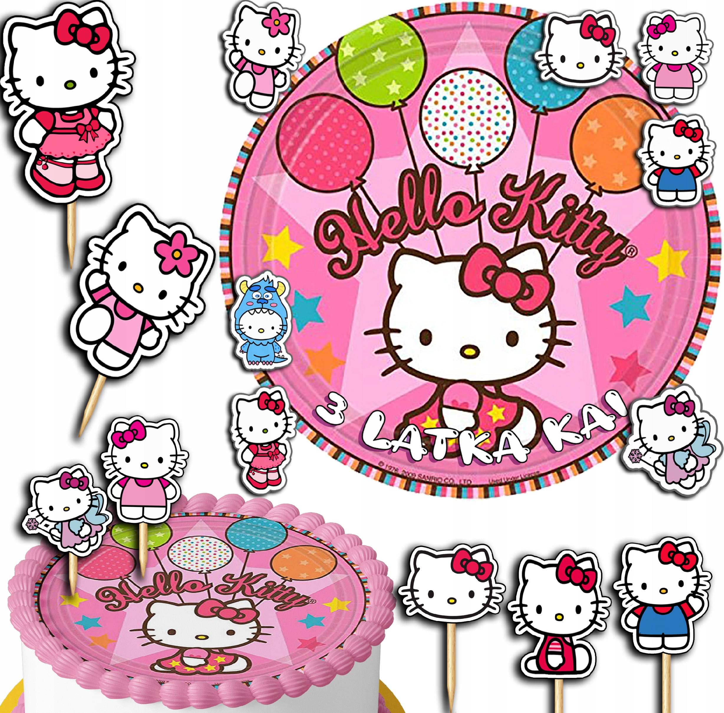 ZESTAW OPŁATEK NA TORT 20CM + TOPPERY PAPIEROWE - KITTY KOTEK 15CM 18CM