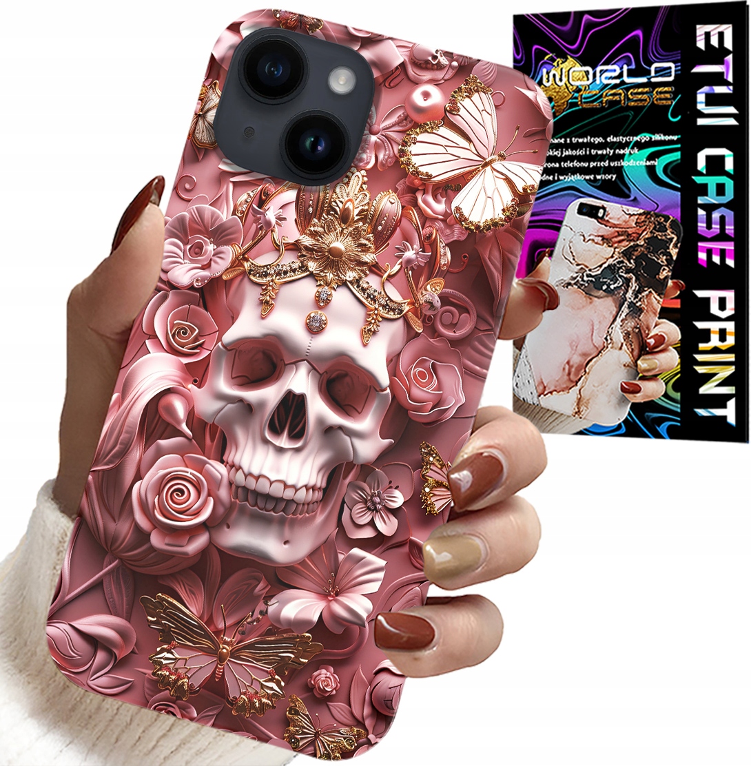 ETUI DO IPHONE 14 - KOBIECE, MODNE WZORY, CZASZKA W RÓŻE