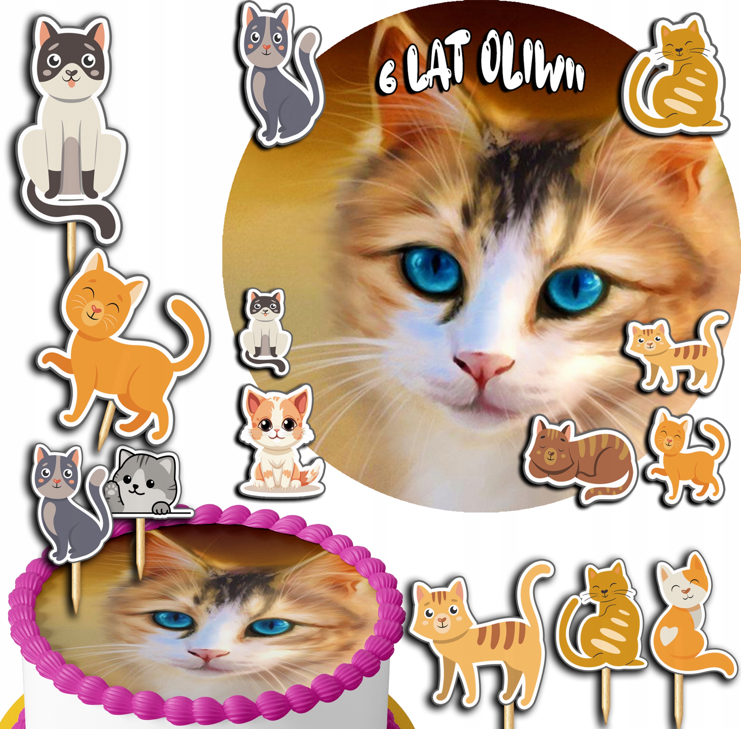 ZESTAW OPŁATEK NA TORT 20CM + TOPPERY PAPIEROWE - KOT KOTEK KOTY 15CM 18CM