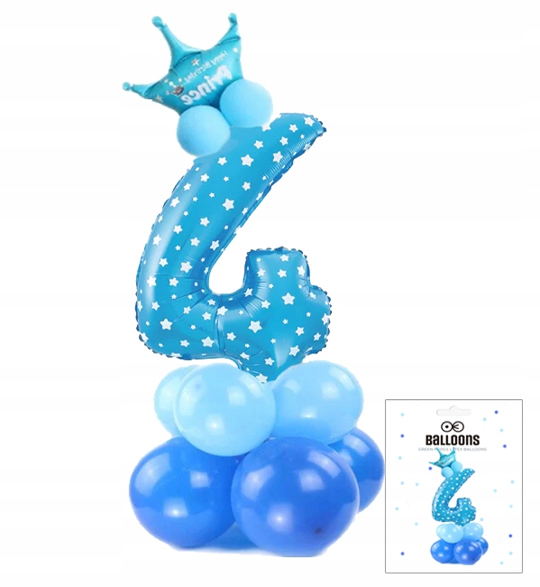 ZESTAW BALONÓW STOJĄCY NIEBIESKI Z CYFRĄ 4 NA PRZYJĘCIE URODZINOWE