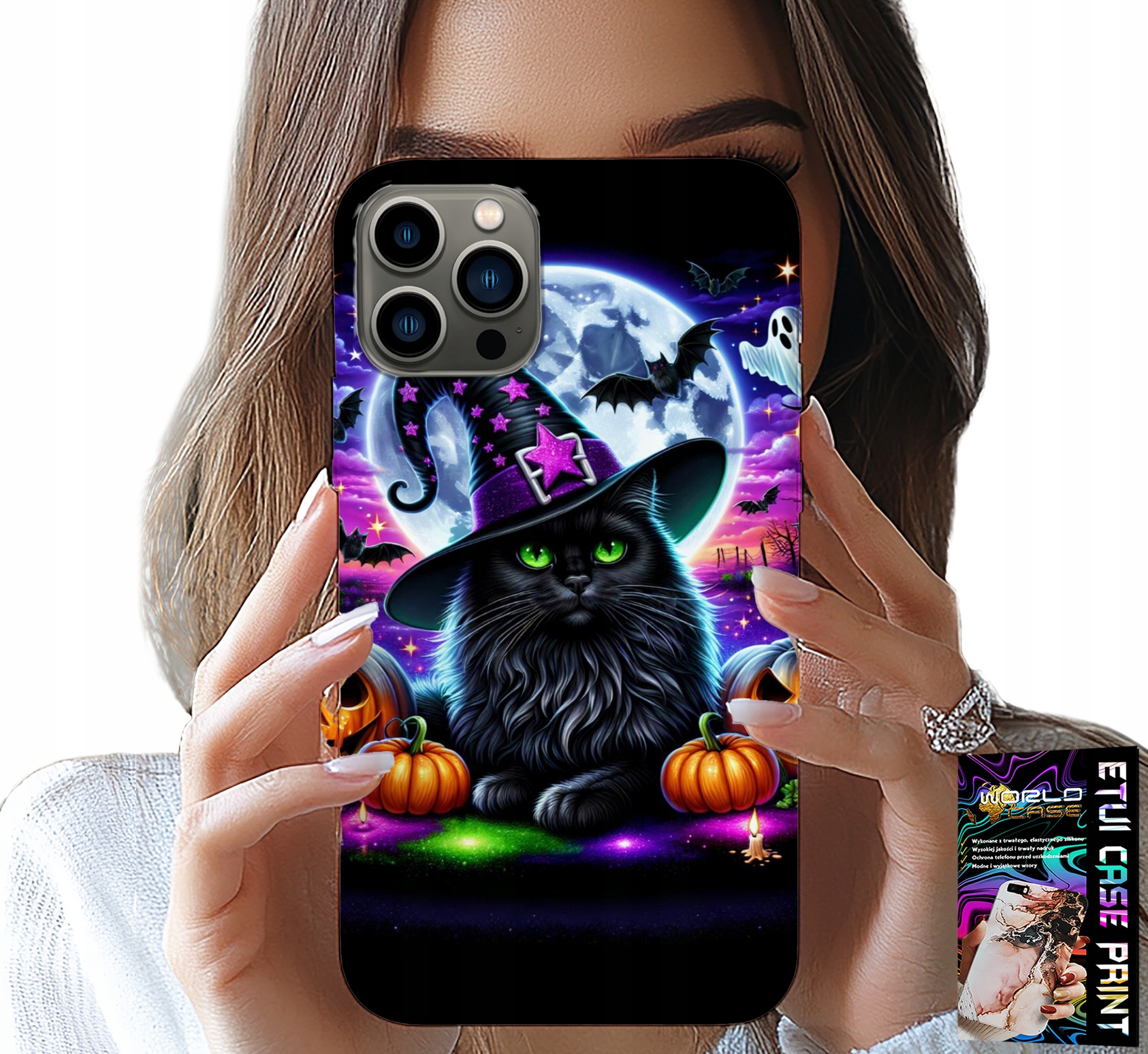 ETUI DO IPHONE 12 PRO MAX - CZARNY KOTEK HALLOWEEN SALEM DYNIA WZORY