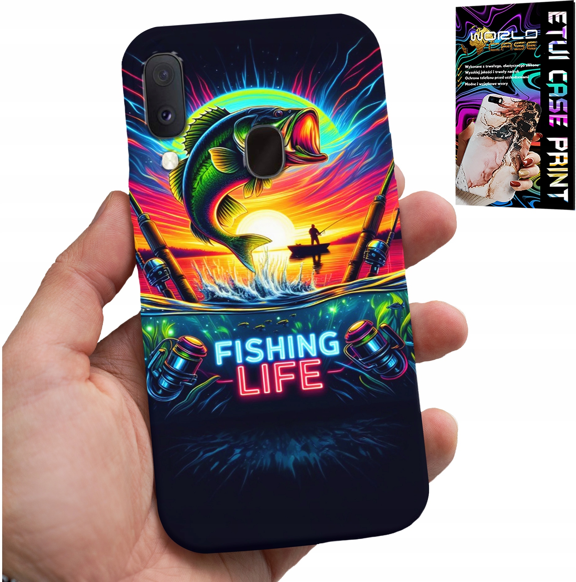 ETUI DO SAMSUNG GALAXY A20E - WZORY WĘDKARSKIE RYBY POŁÓW WĘDKA PLECKI