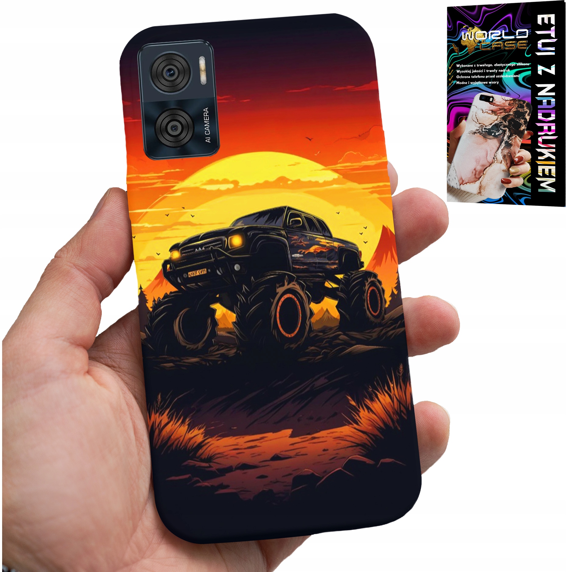 ETUI DO MOTOROLA MOTO E22 / E22I - MONSTERTRUCK, CIĘŻARÓWKA, WZORY + SZKŁO