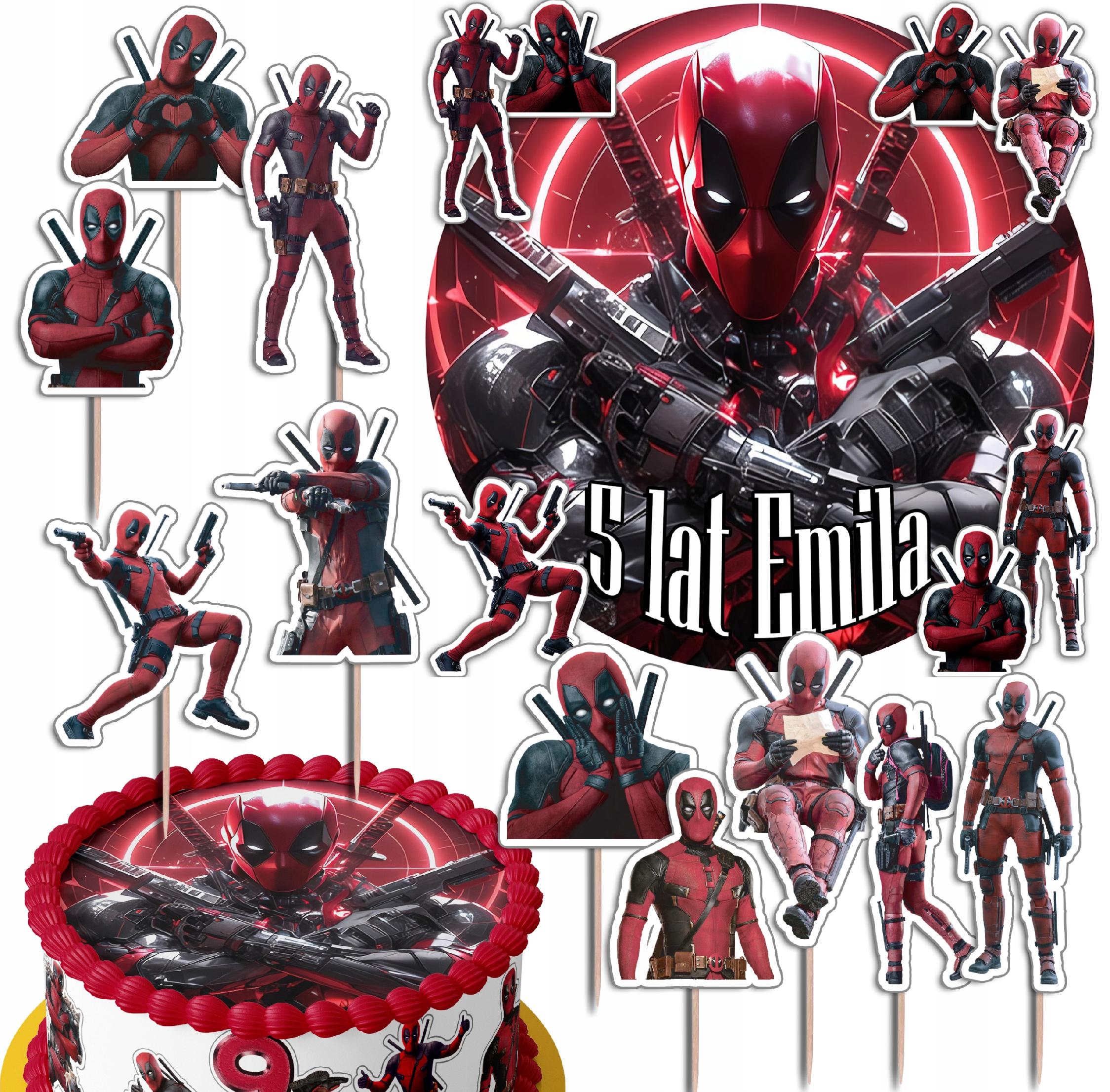 ZESTAW OPŁATEK NA TORT 20CM + TOPPERY - DEAD POOL + IMIĘ 15CM 18CM