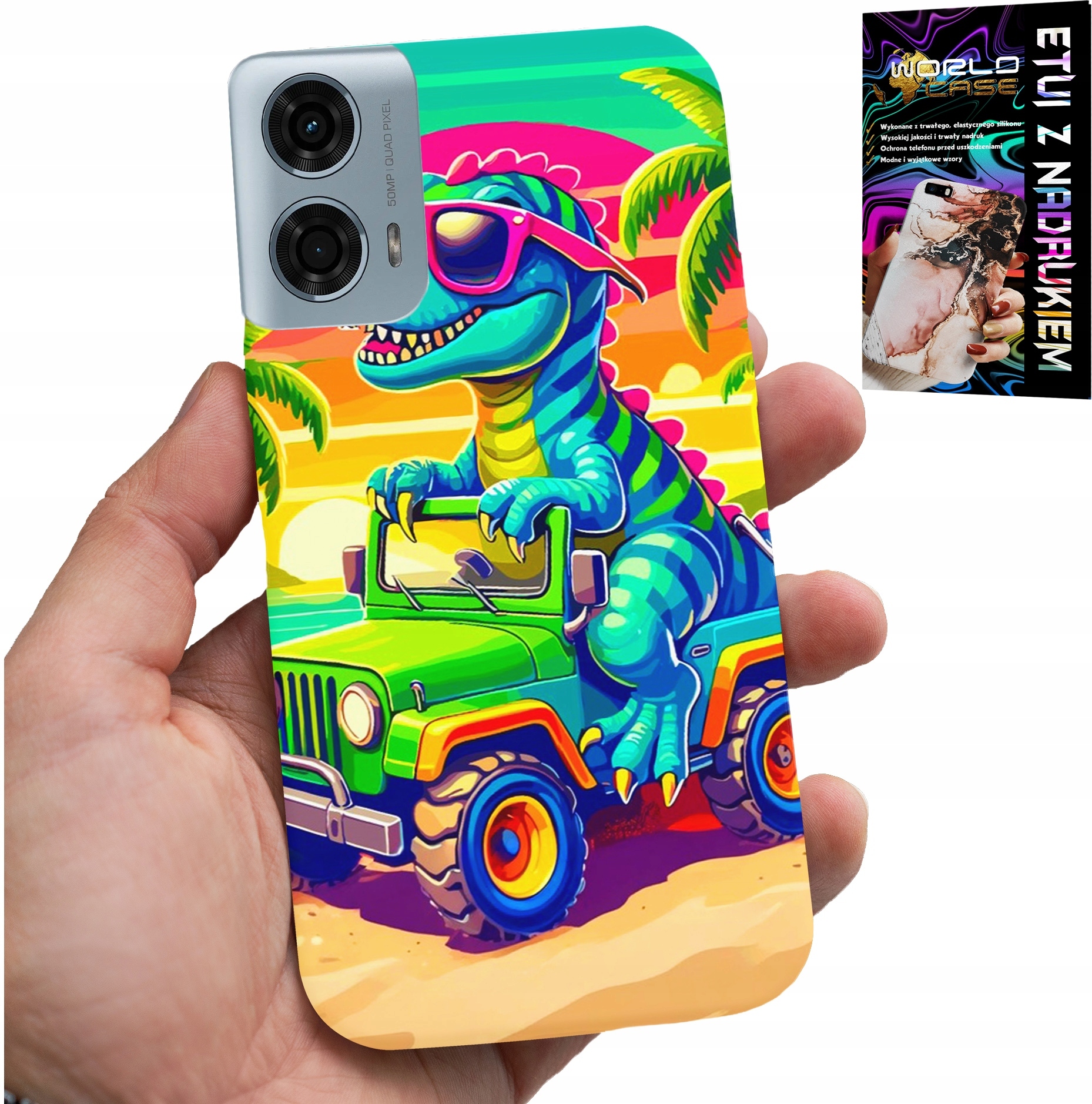 ETUI DO MOTOROLA G24 / G04 - DINOZAUR W CIĘŻARÓWCE WZORY DLA DZIECI