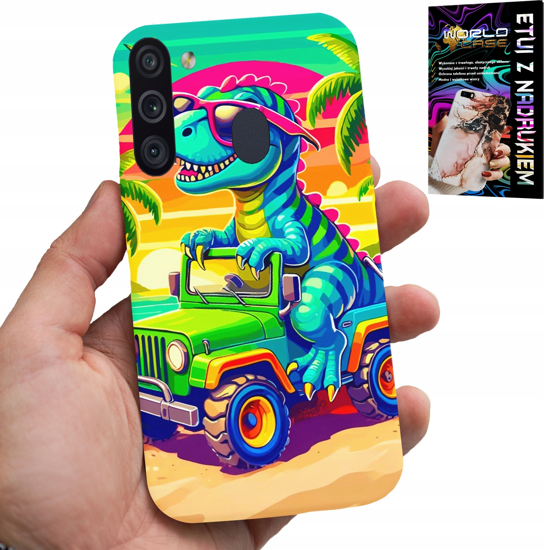ETUI DO SAMSUNG GALAXY A21 - DINOZAUR W CIĘŻARÓWCE WZORY DLA DZIECI