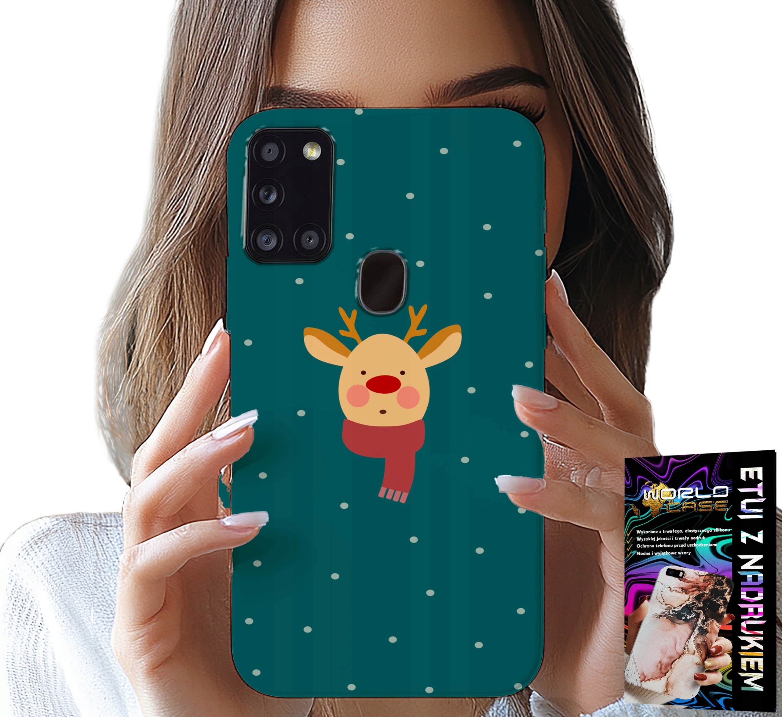 ETUI DO SAMSUNG GALAXY A21s - RENIFER NA ZIELONYM TLE ŚWIĄTECZNE WZORY