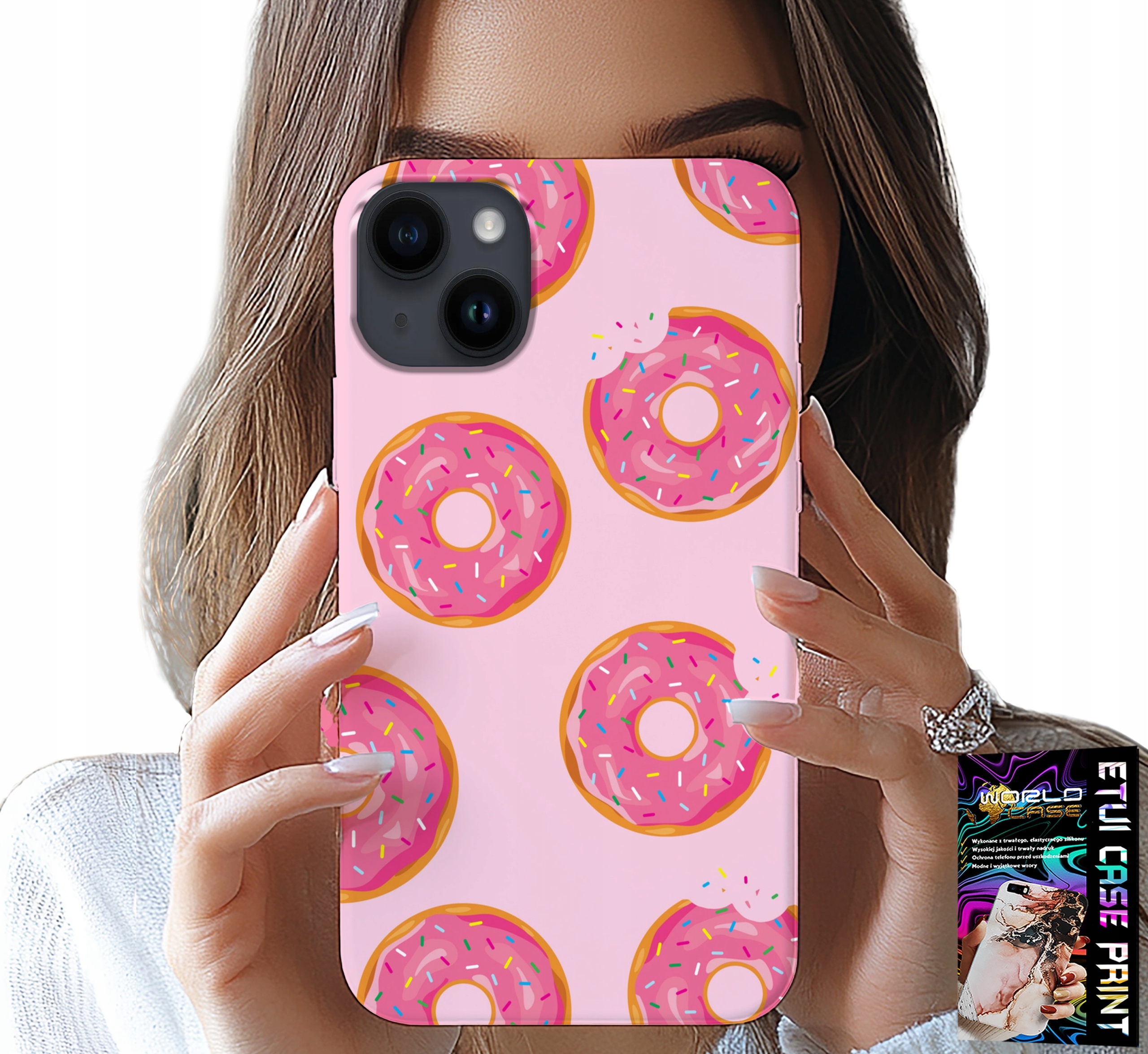 ETUI DO IPHONE 15 PLUS - WZÓR Z PĄCZKAMI DONATAMI POLEWĄ CUKROWĄ