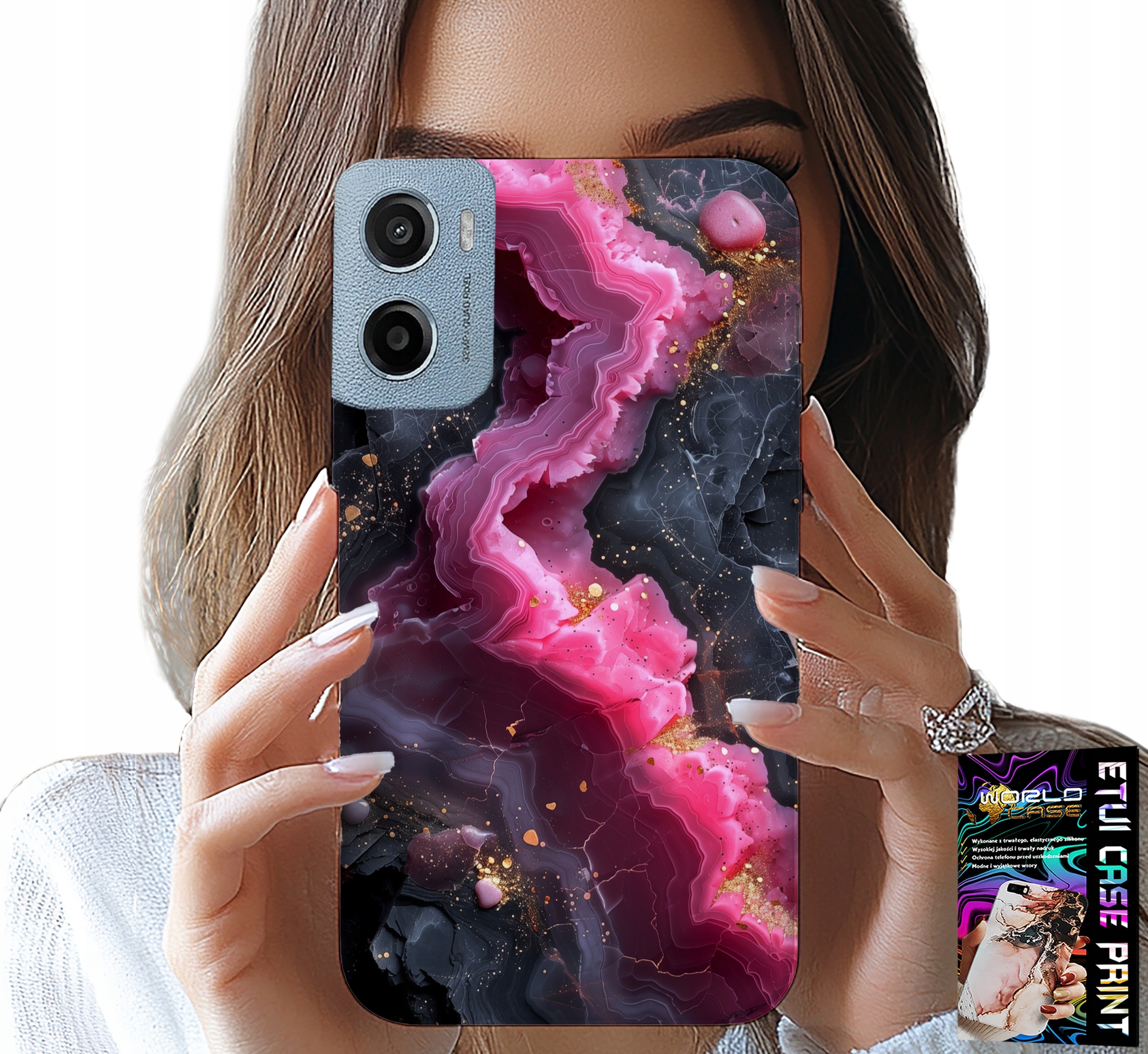 ETUI DO MOTOROLA E15 / G05 - RÓŻOWY MARMUREK PLECKI, MODNE WZORY