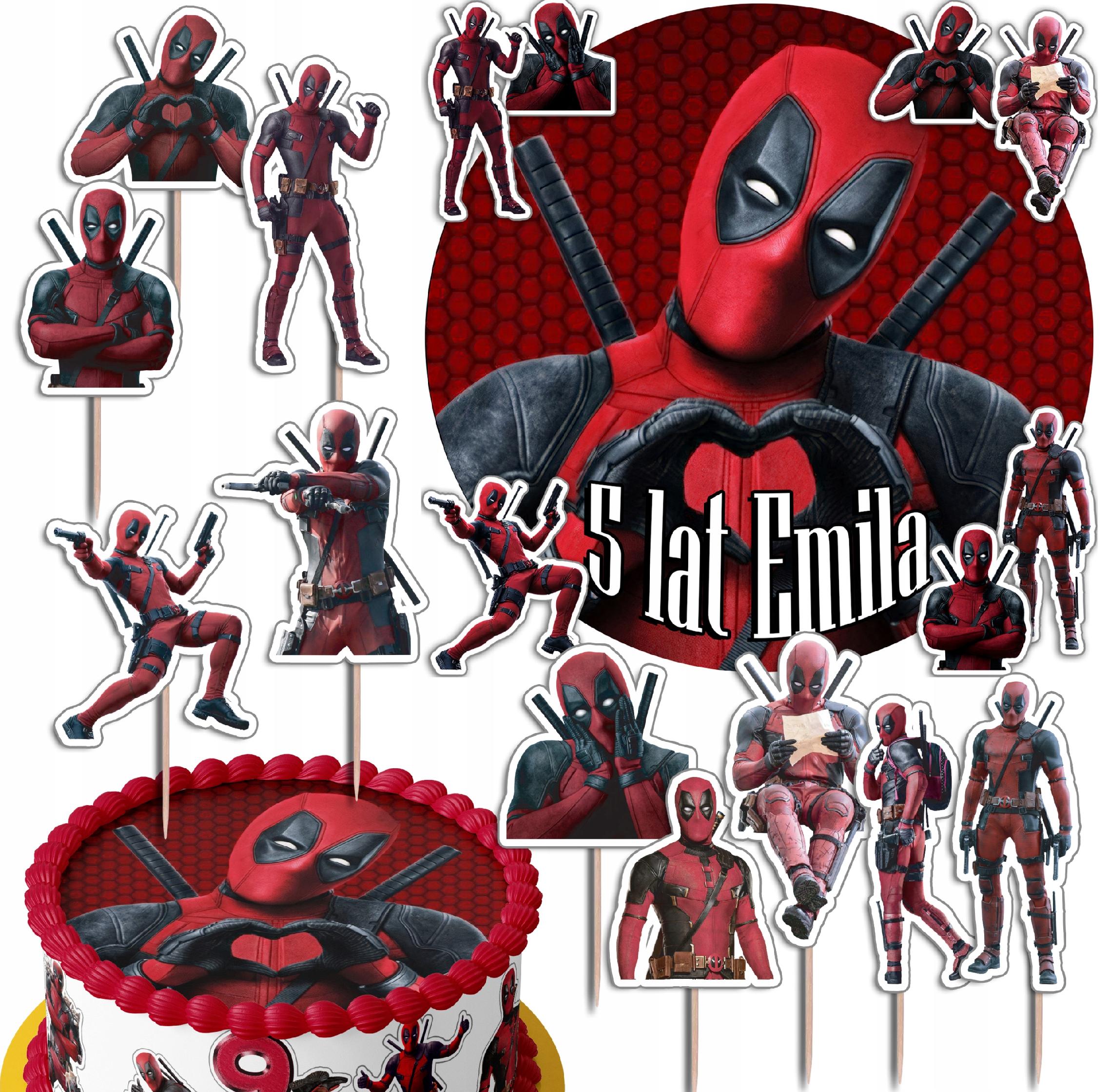 ZESTAW OPŁATEK NA TORT 20CM + TOPPERY - DEAD POOL + IMIĘ 15CM 18CM