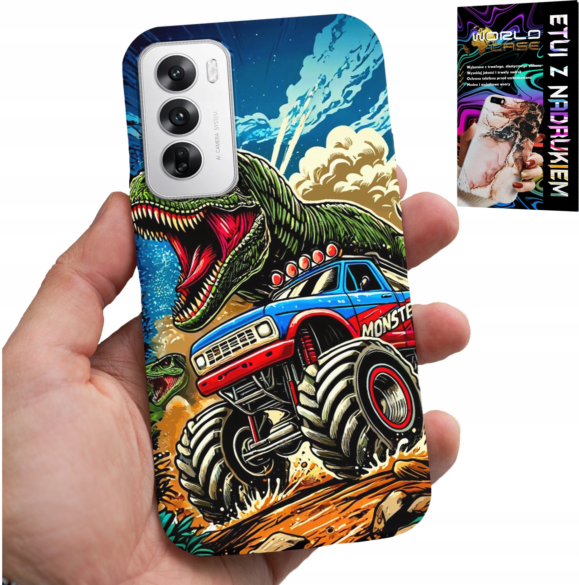 ETUI DO OPPO RENO12 PRO 5G -DINOZAUR W MONSTERTRUCKU WZORY DLA DZIECI