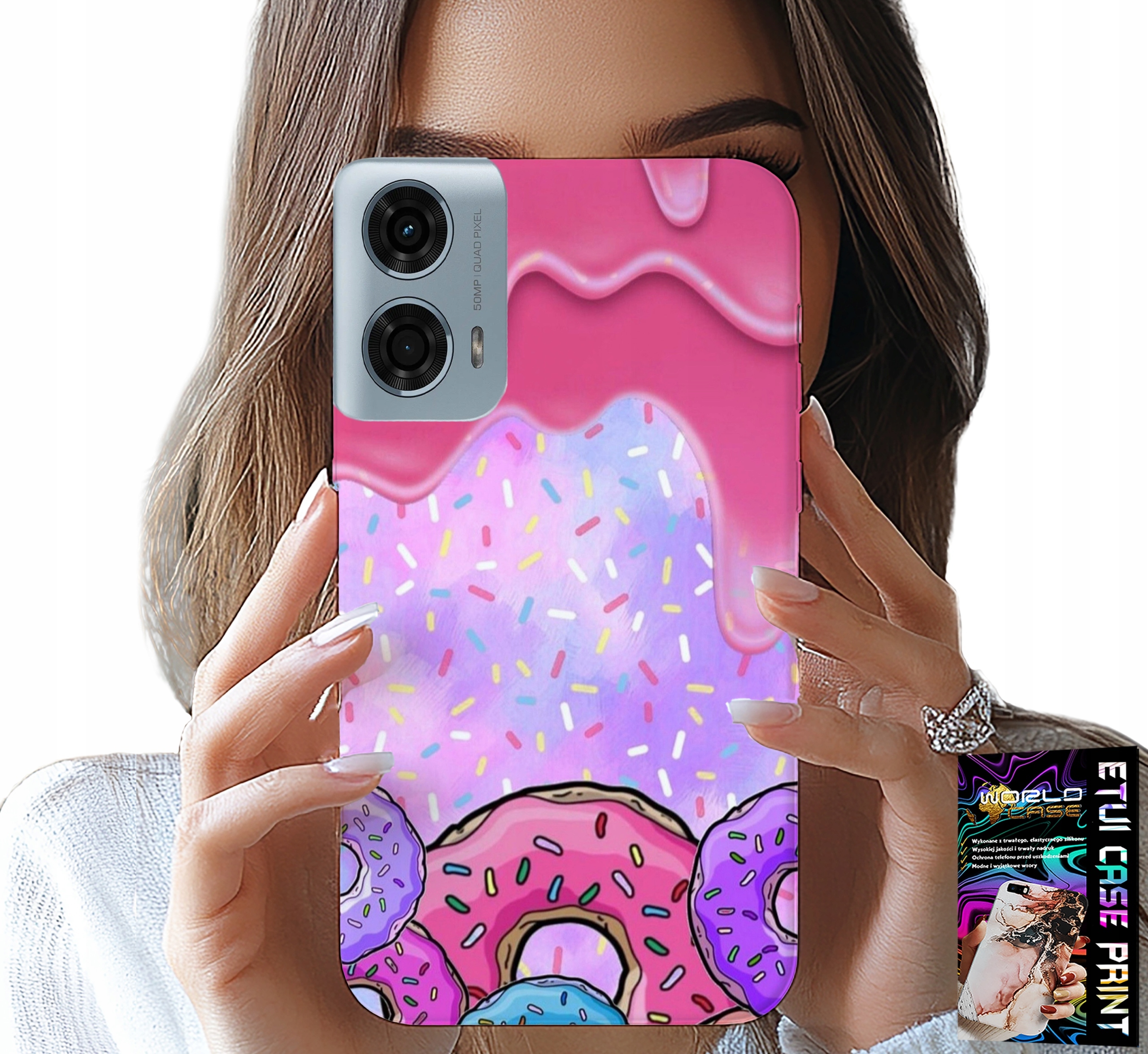 ETUI DO MOTOROLA G34 5G - SŁODKIE DONUTY Z LUKREM W TLE + FOLIA