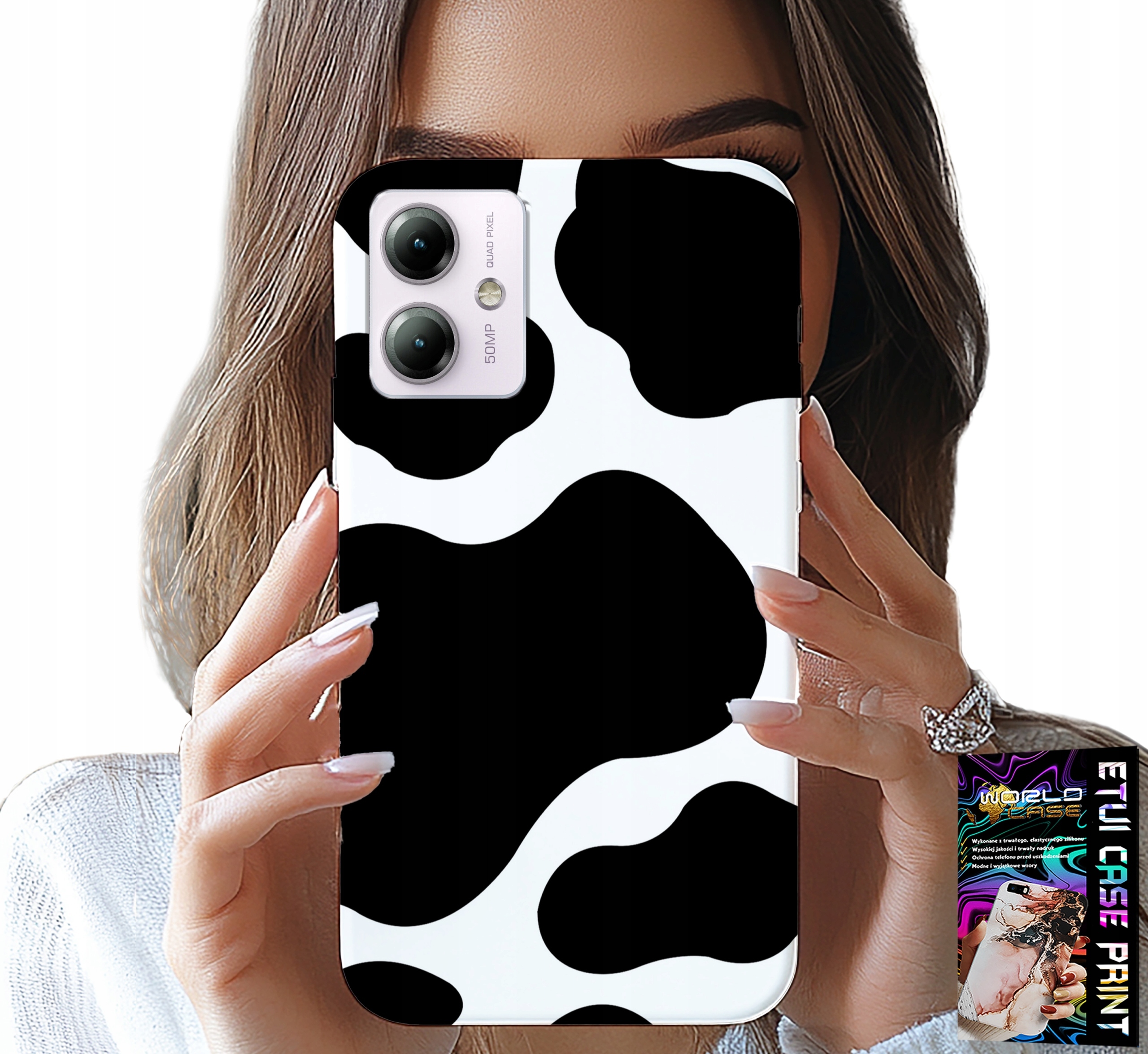 ETUI DO MOTOROLA MOTO G14 - CZARNO - BIAŁE ŁATY KROWA, MODNE WZORY